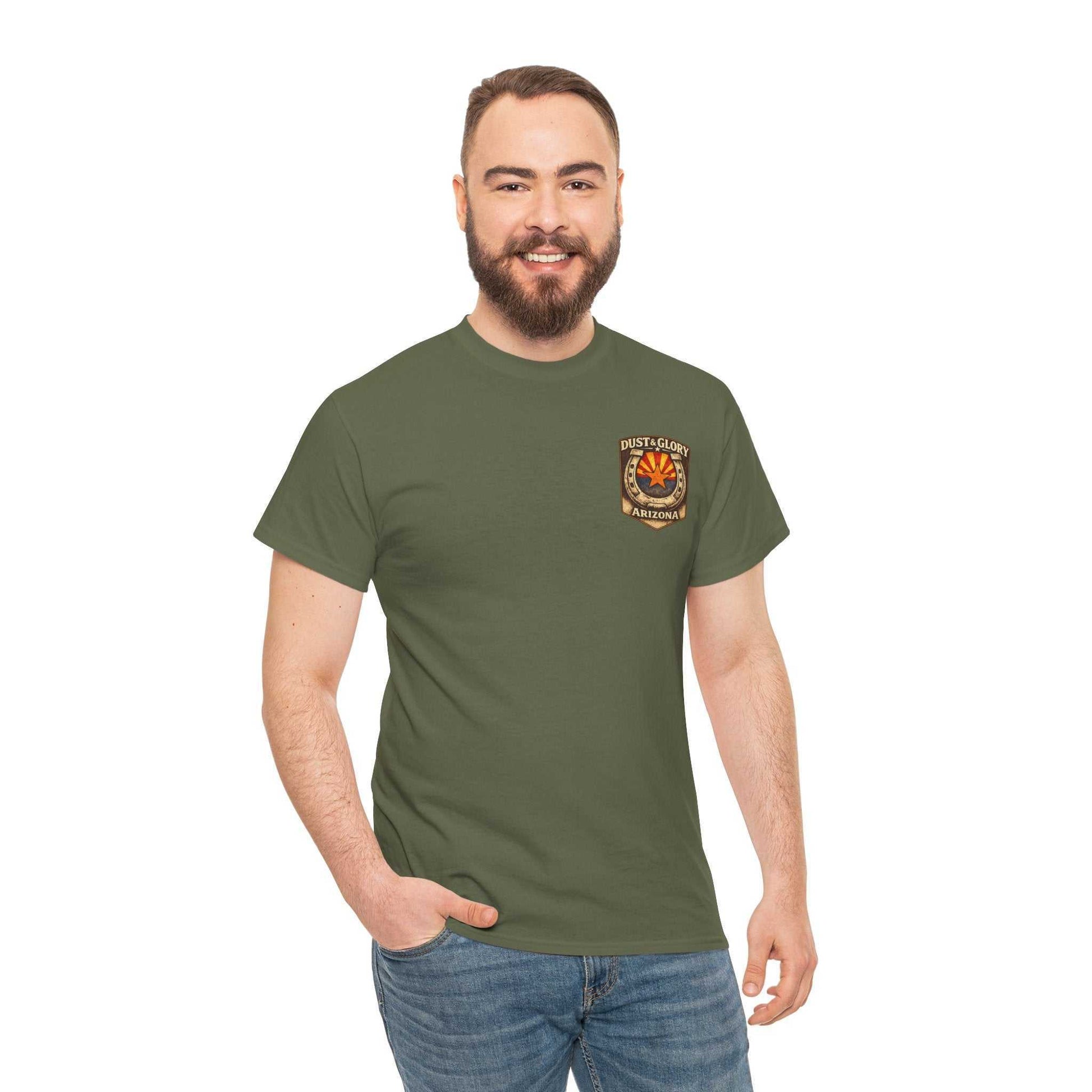 Arizona Desert Bighorn Ram T-Shirt by Big Sky Ranch Co., featuring a retro state badge design with a detailed bighorn ram graphic.