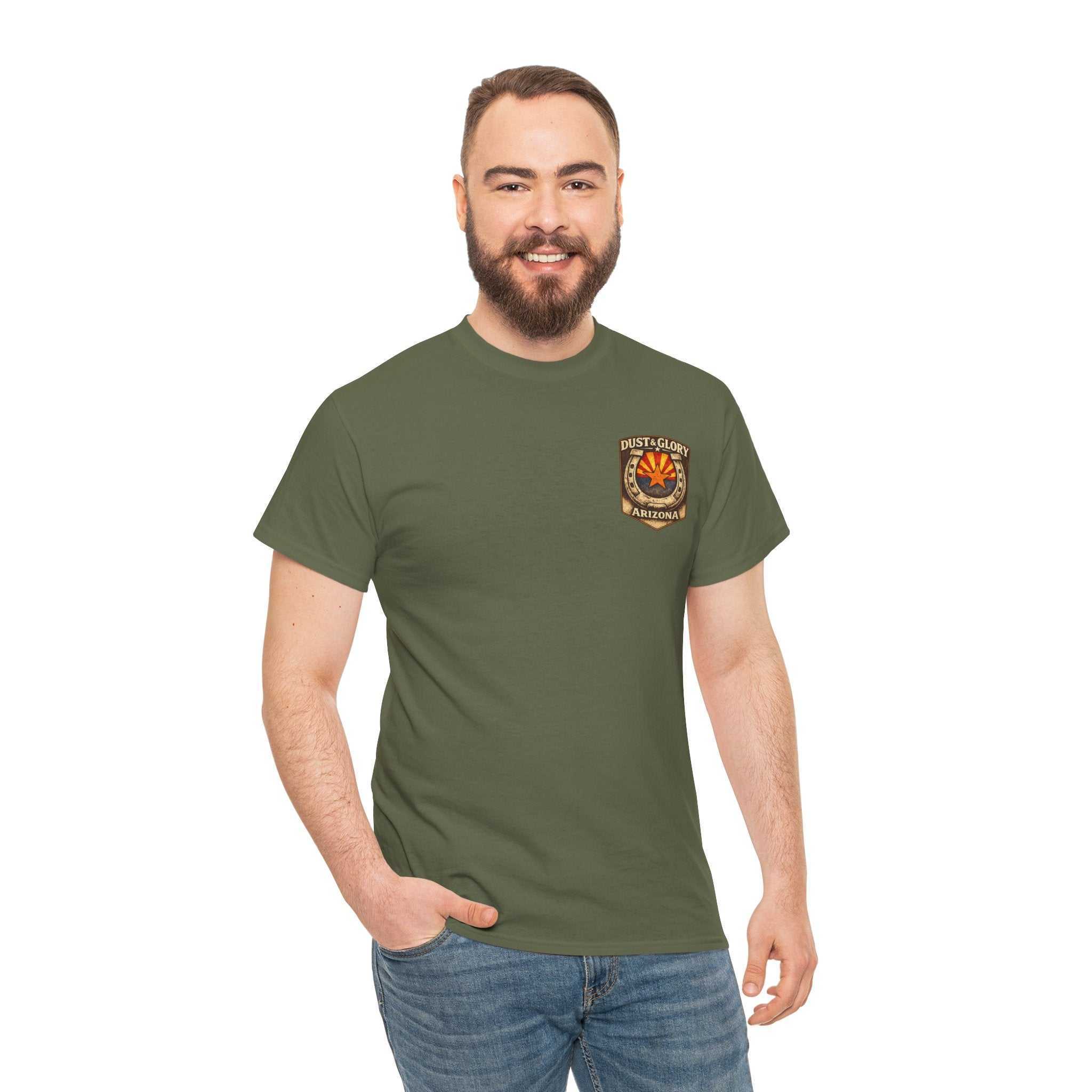 Arizona Desert Bighorn Ram T-Shirt by Big Sky Ranch Co., featuring a retro state badge design with a detailed bighorn ram graphic.