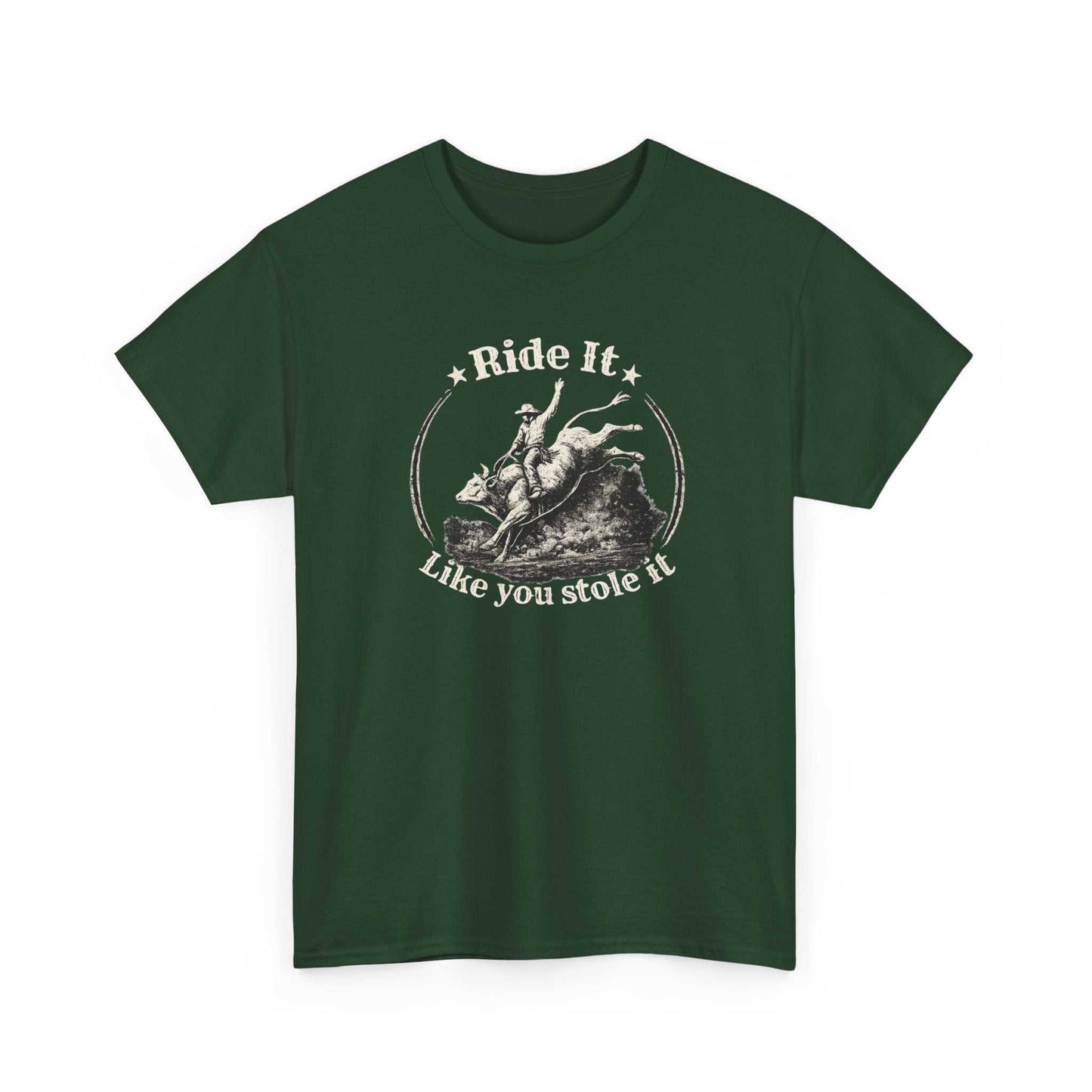 Vintage rodeo graphic T-shirt by Big Sky Ranch Co. featuring bold "Ride It Like You Stole It" design on a casual tee.