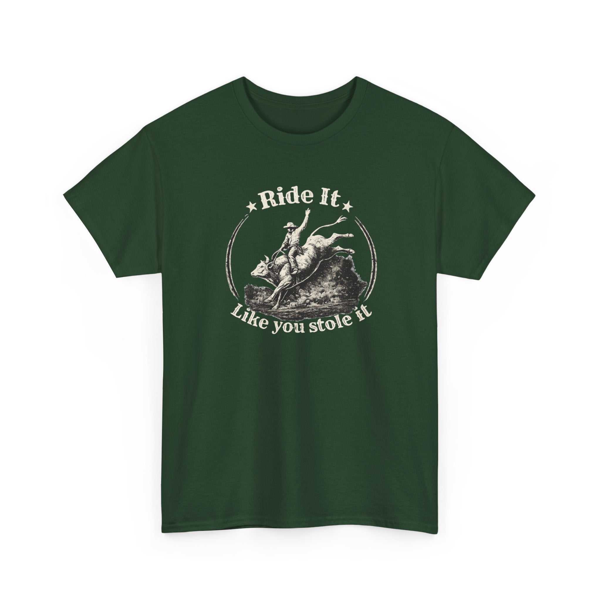 Vintage rodeo graphic T-shirt by Big Sky Ranch Co. featuring bold "Ride It Like You Stole It" design on a casual tee.