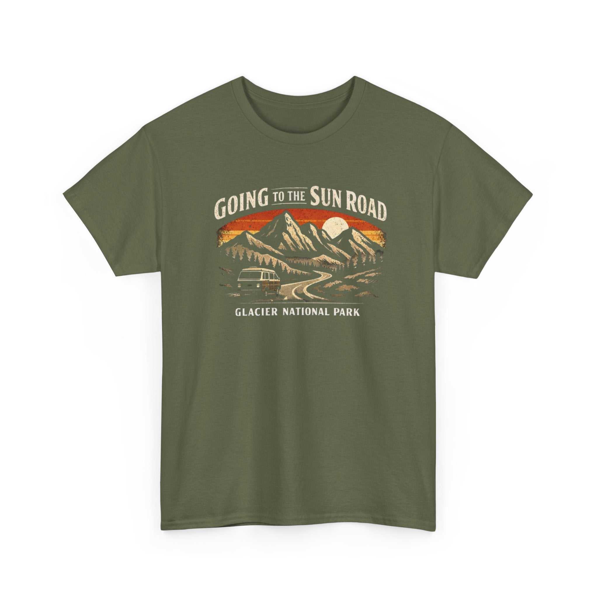 Big Sky Ranch Co. Glacier National Park Going to the Sun Road graphic T-shirt with mountain and sun design on front.