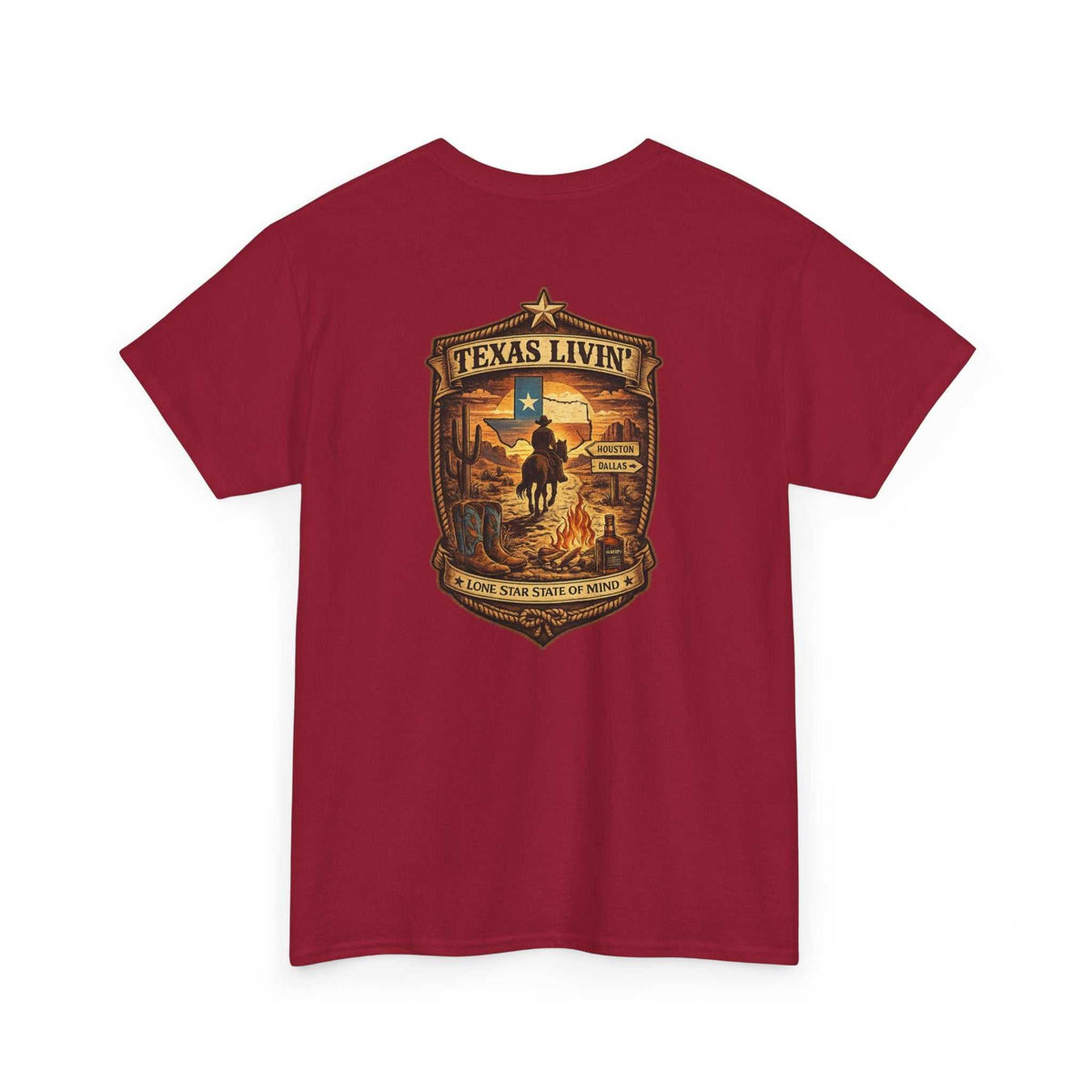 Texas Livin' Cowboy T-Shirt by Big Sky Ranch Co. featuring a Western rodeo graphic on a casual tee.