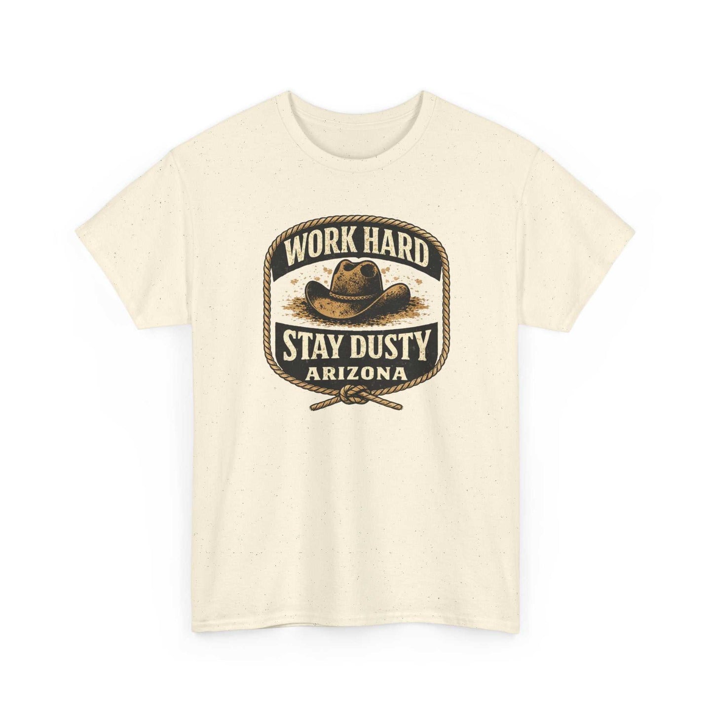 Vintage Arizona Work Hard Stay Dusty T-Shirt by Big Sky Ranch Co., featuring Western cowboy design and rugged style.