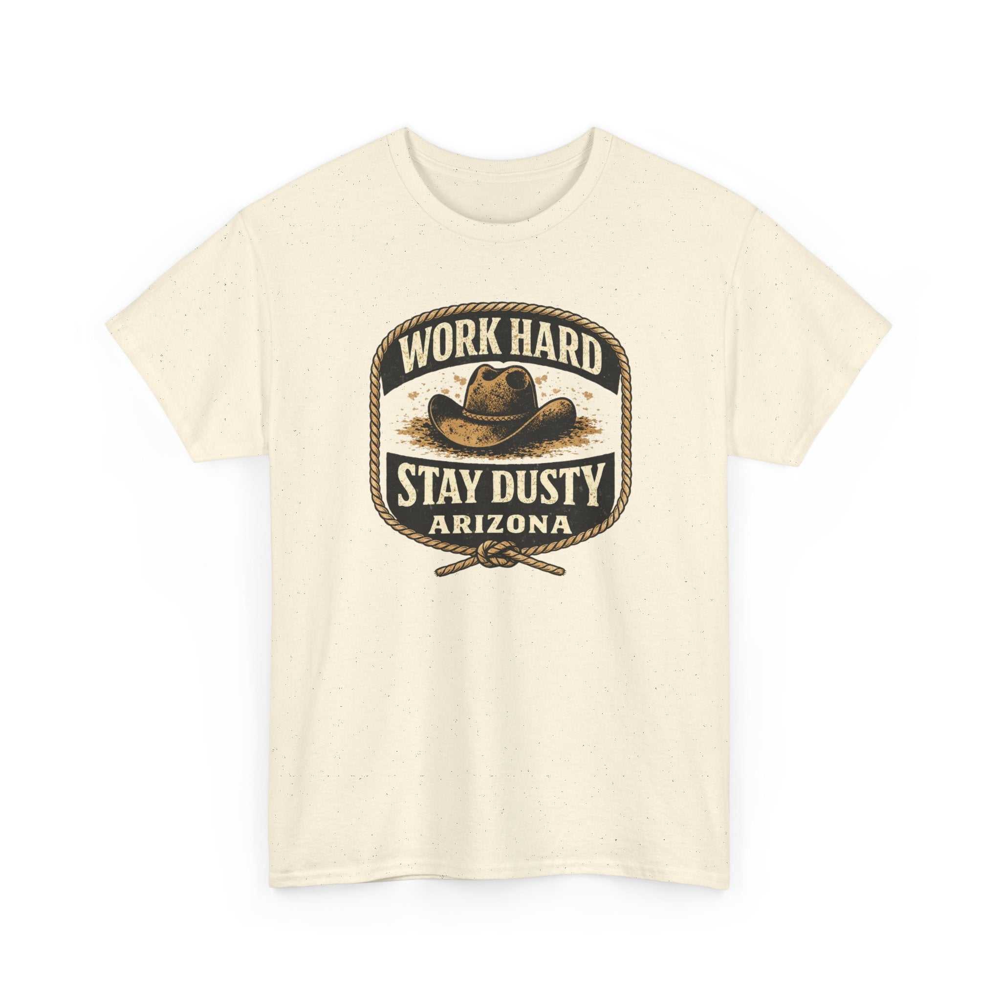 Vintage Arizona Work Hard Stay Dusty T-Shirt by Big Sky Ranch Co., featuring Western cowboy design and rugged style.