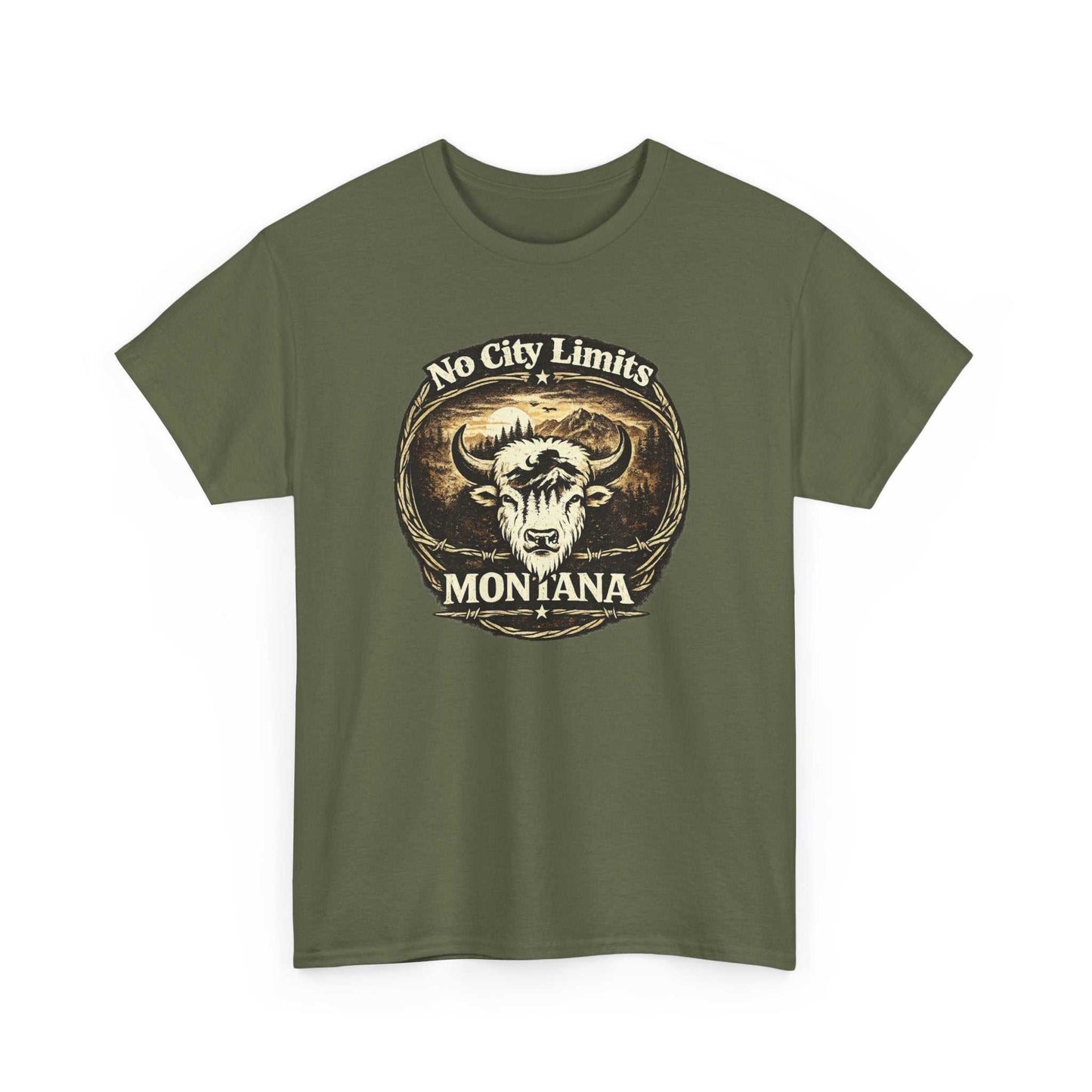 Vintage Montana Bison Tee by Big Sky Ranch Co., "No City Limits" Western T-shirt featuring bison graphic and rustic design.