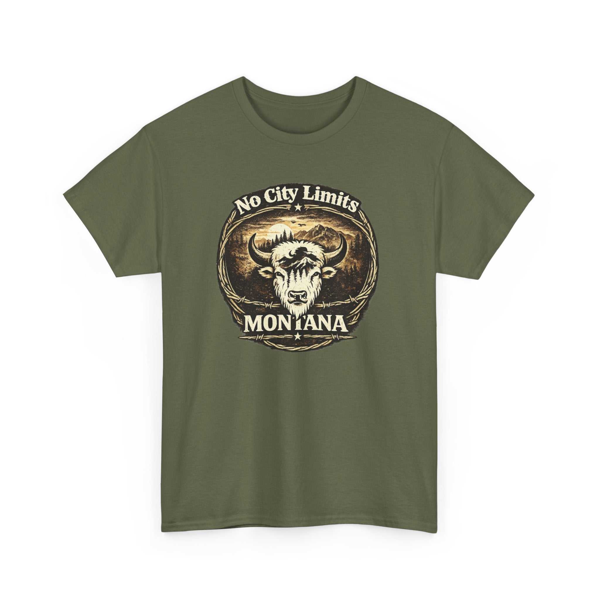 Vintage Montana Bison Tee by Big Sky Ranch Co., "No City Limits" Western T-shirt featuring bison graphic and rustic design.