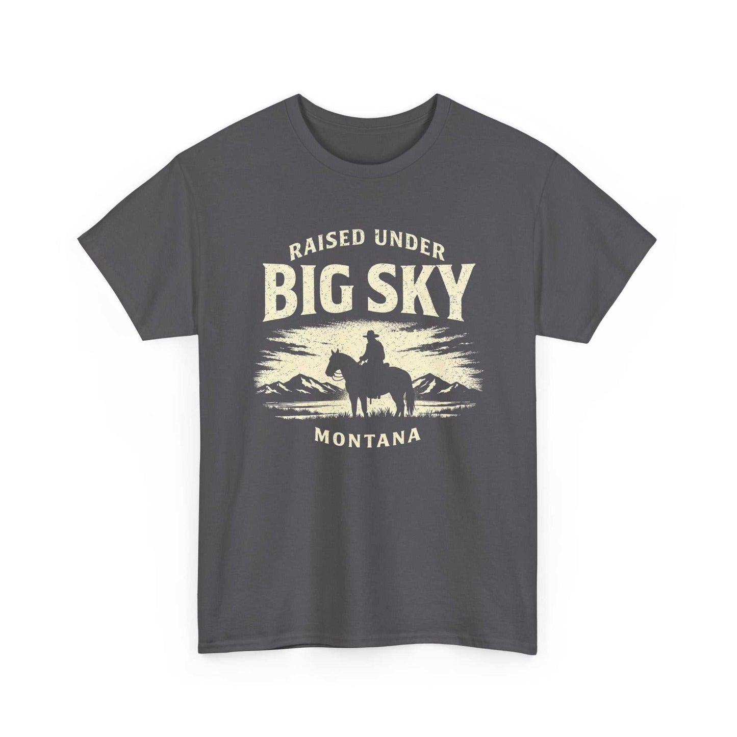 Big Sky Ranch Co. Raised Under Big Sky Montana T-Shirt with Western cowboy scenic graphic, casual crew neck tee for outdoor enthusiasts.