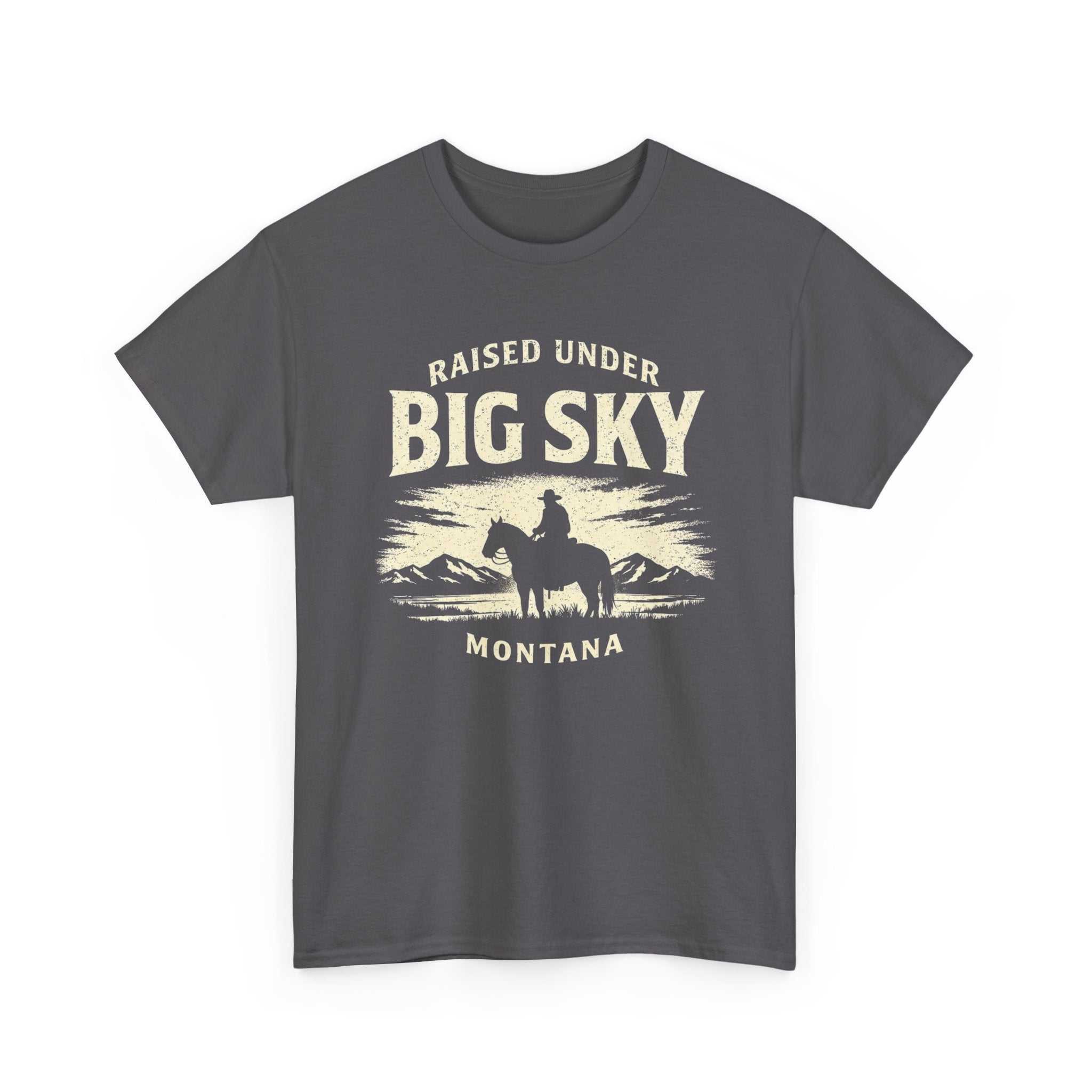Big Sky Ranch Co. Raised Under Big Sky Montana T-Shirt with Western cowboy scenic graphic, casual crew neck tee for outdoor enthusiasts.