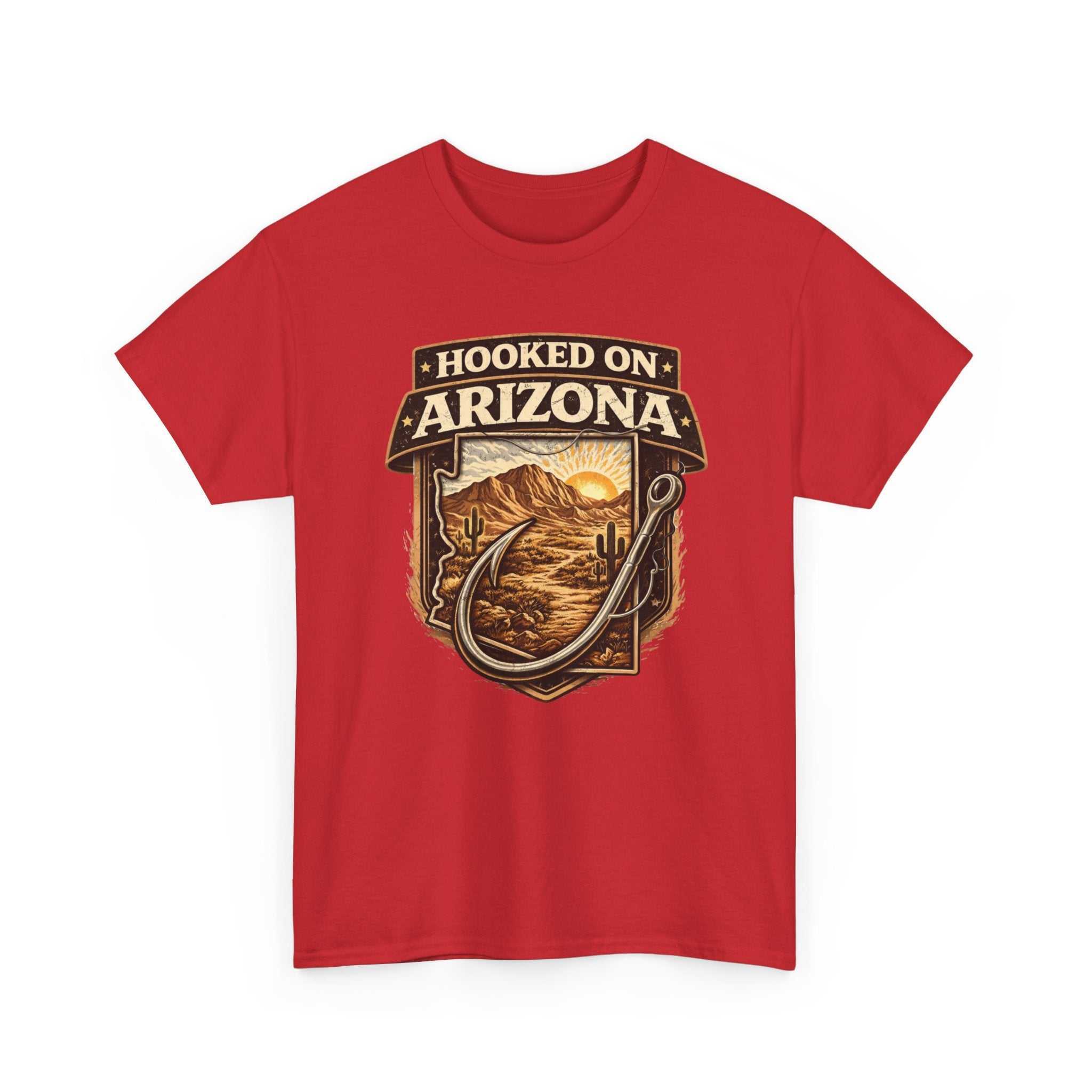 Vintage outdoors angler T-shirt from Big Sky Ranch Co. featuring Hooked on Arizona fishing design on a casual T-shirt.