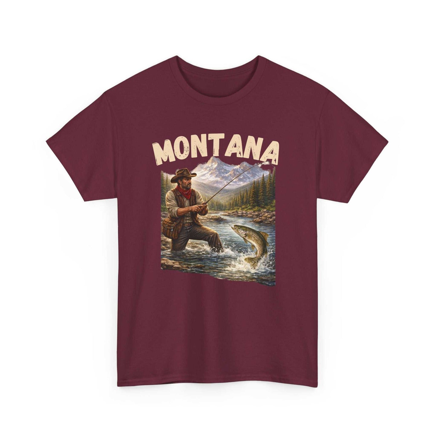 Vintage Montana Trout fishing T-shirt by Big Sky Ranch Co. featuring outdoors angler design in natural colors.