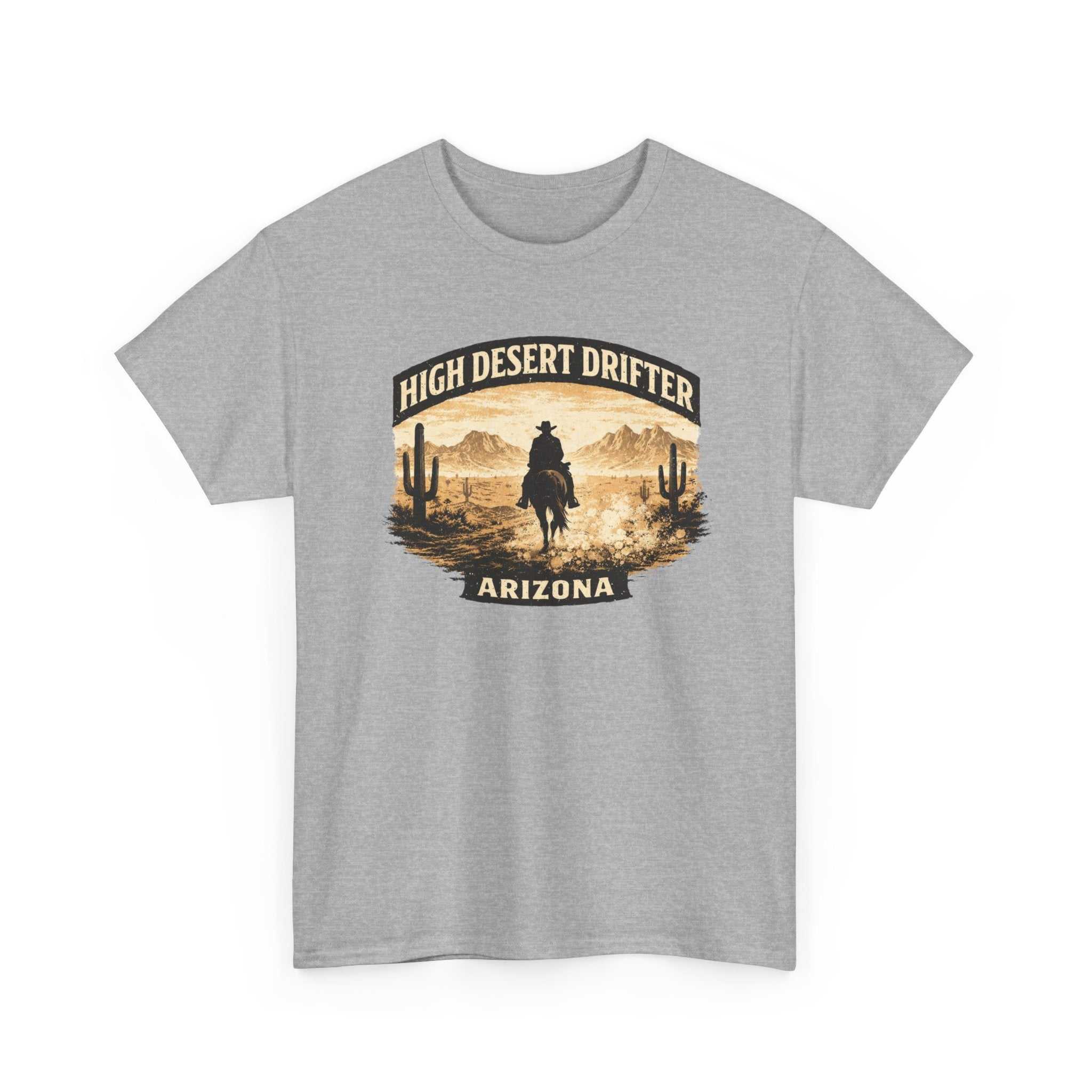 Arizona-themed cowboy graphic T-shirt by Big Sky Ranch Co., featuring a desert landscape design on a High Desert Drifter tee.