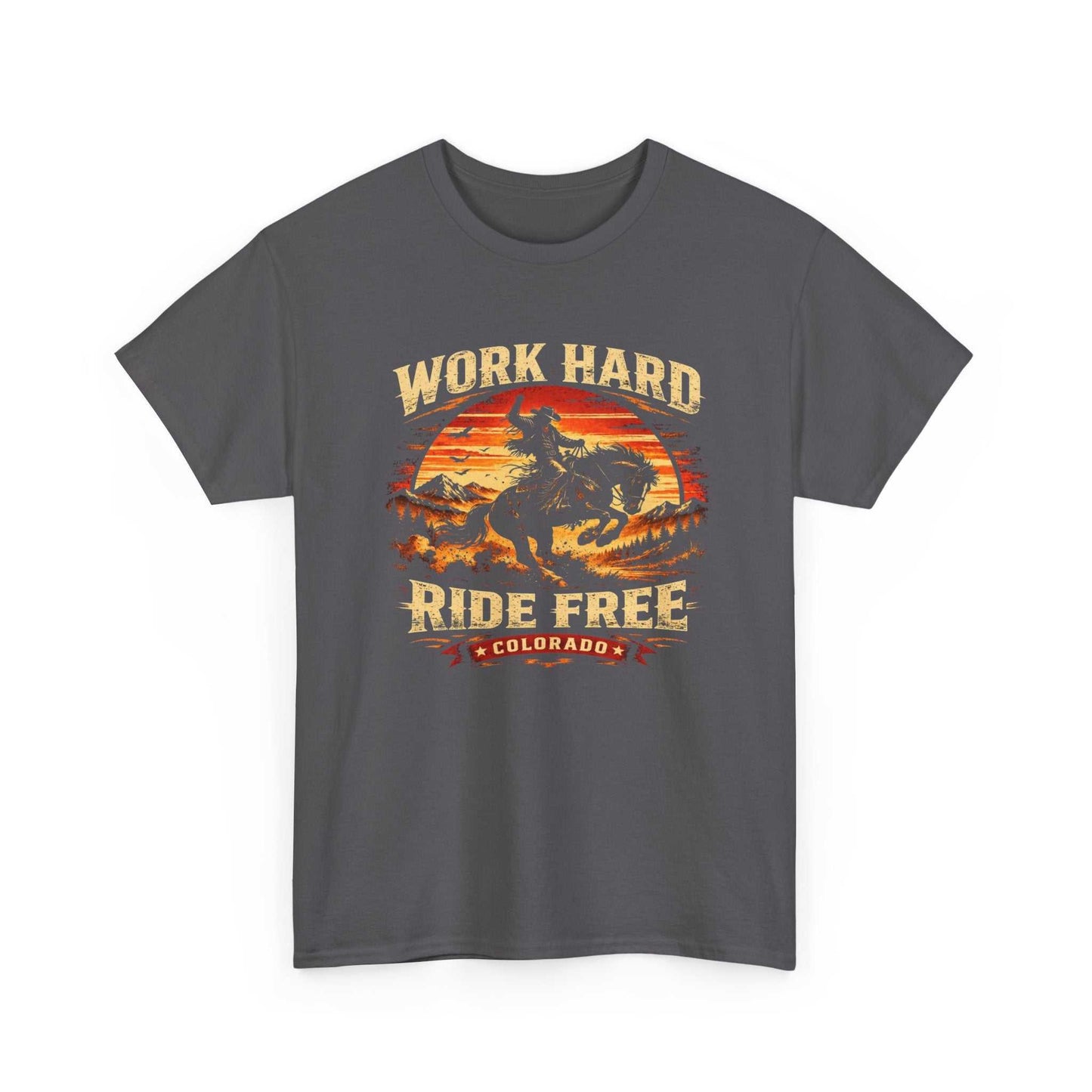 Big Sky Ranch Co. Work Hard Ride Free T-shirt featuring a Colorado cowboy motorcycle retro sunset design.