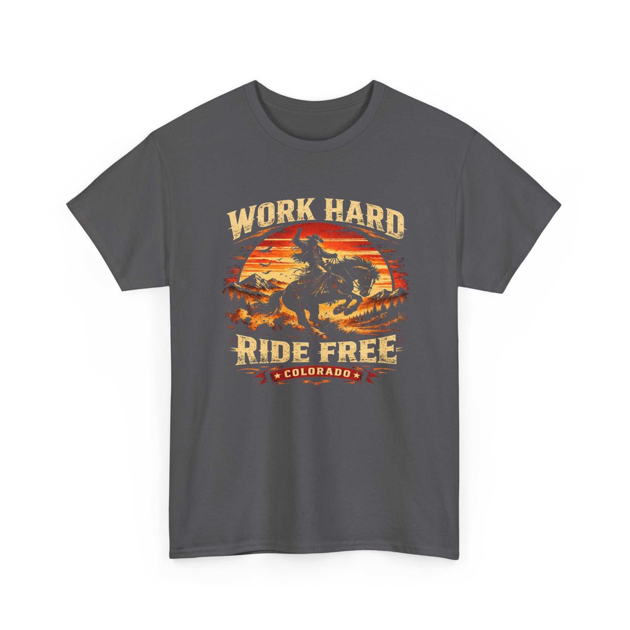 Big Sky Ranch Co. Work Hard Ride Free T-shirt featuring a Colorado cowboy motorcycle retro sunset design.