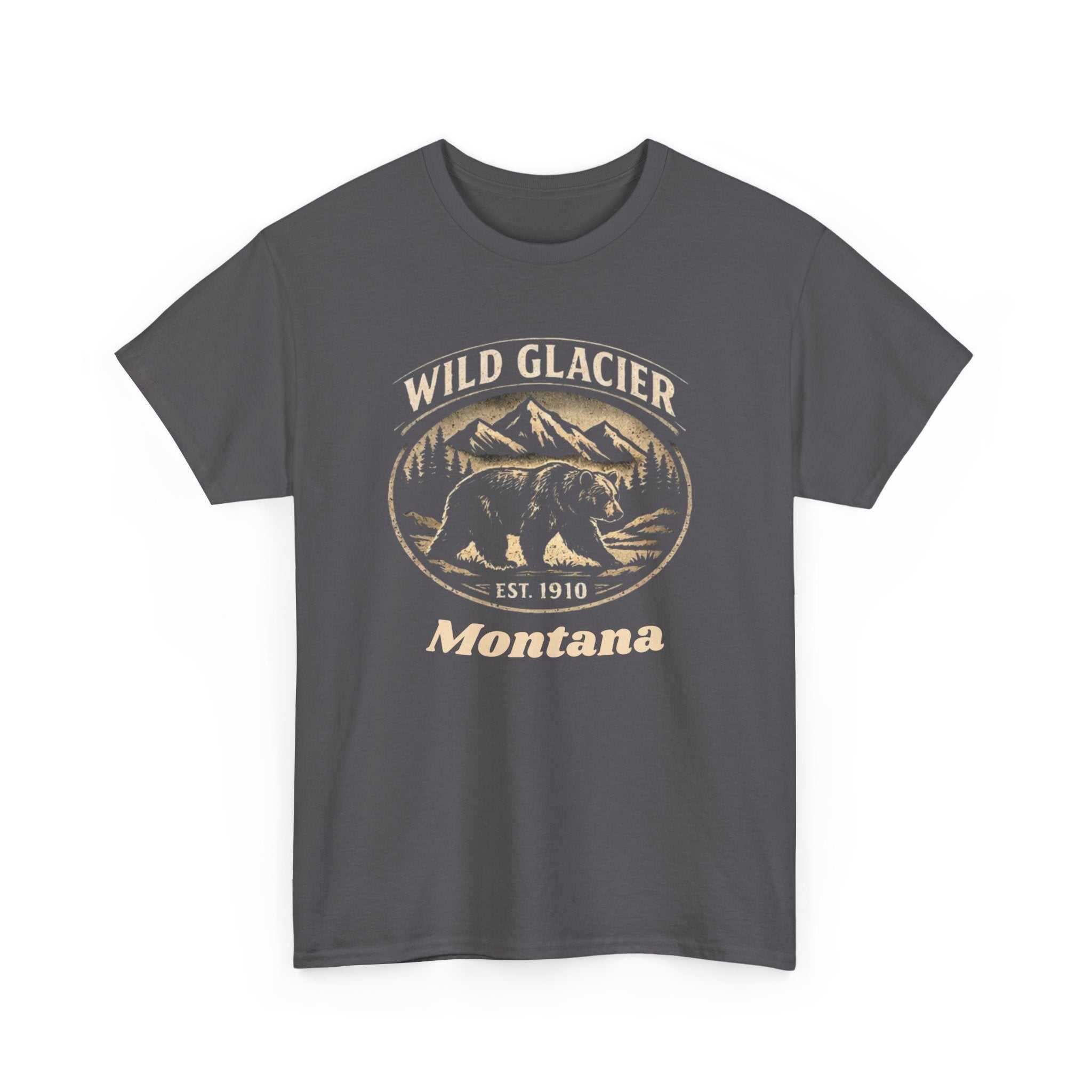 Wild Glacier Montana Bear T-Shirt by Big Sky Ranch Co., featuring a vintage Montana National Park mountain and bear graphic.