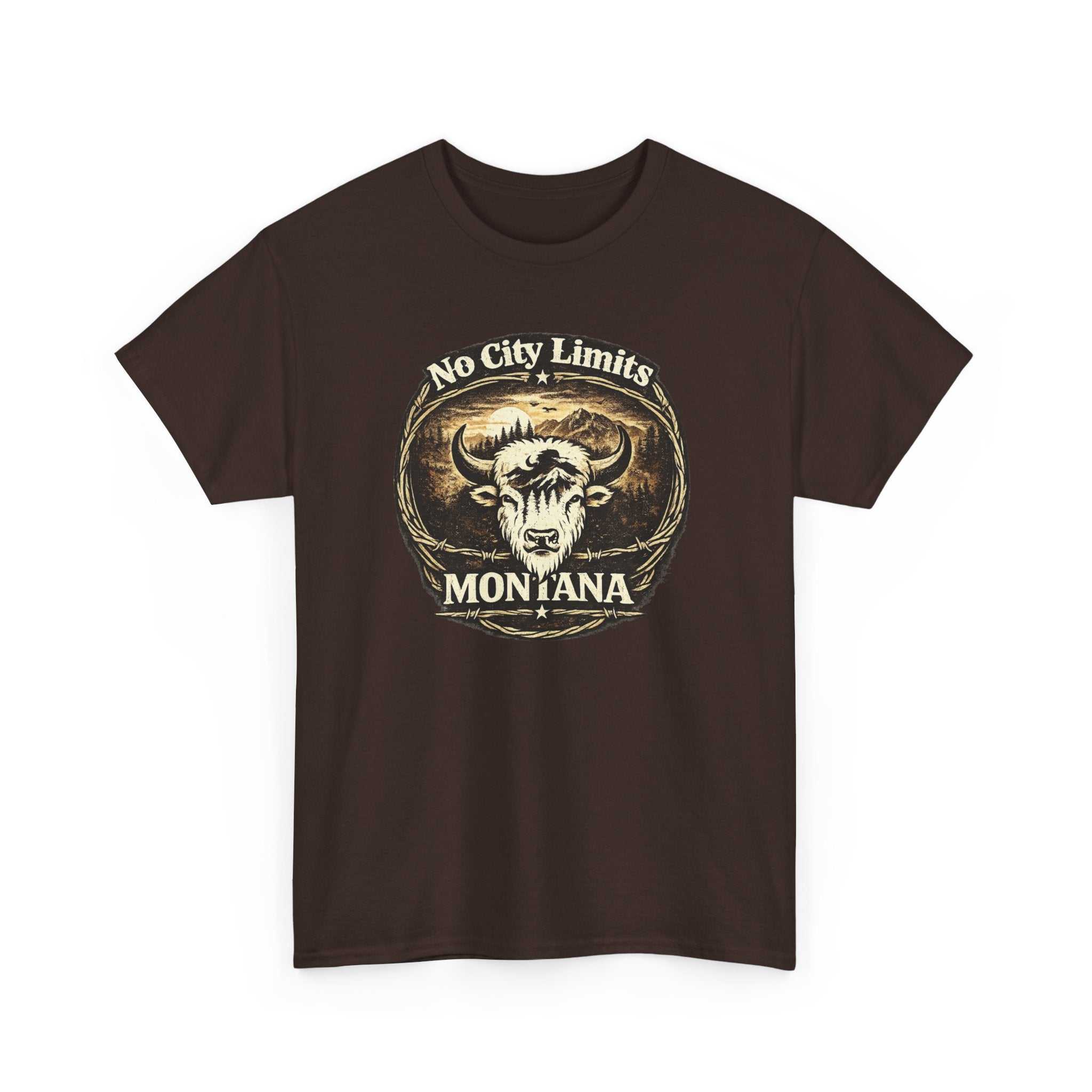 Vintage Montana Bison T-Shirt by Big Sky Ranch Co., featuring “No City Limits” Western design on a casual tee.