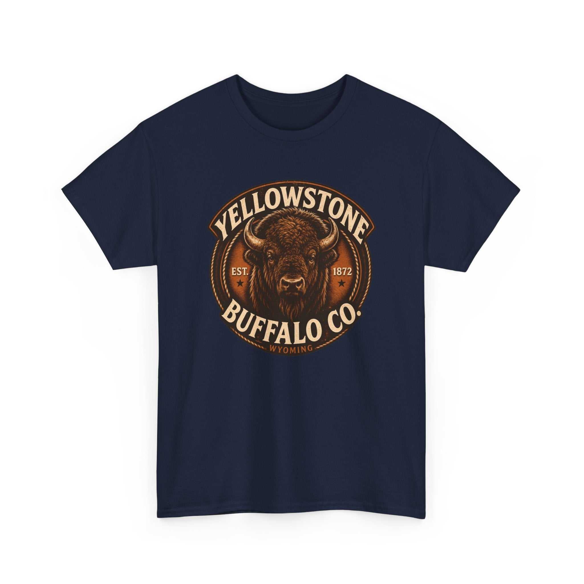 Vintage rustic Yellowstone Buffalo Co. T-Shirt by Big Sky Ranch Co. featuring a buffalo graphic on soft, casual cotton tee.