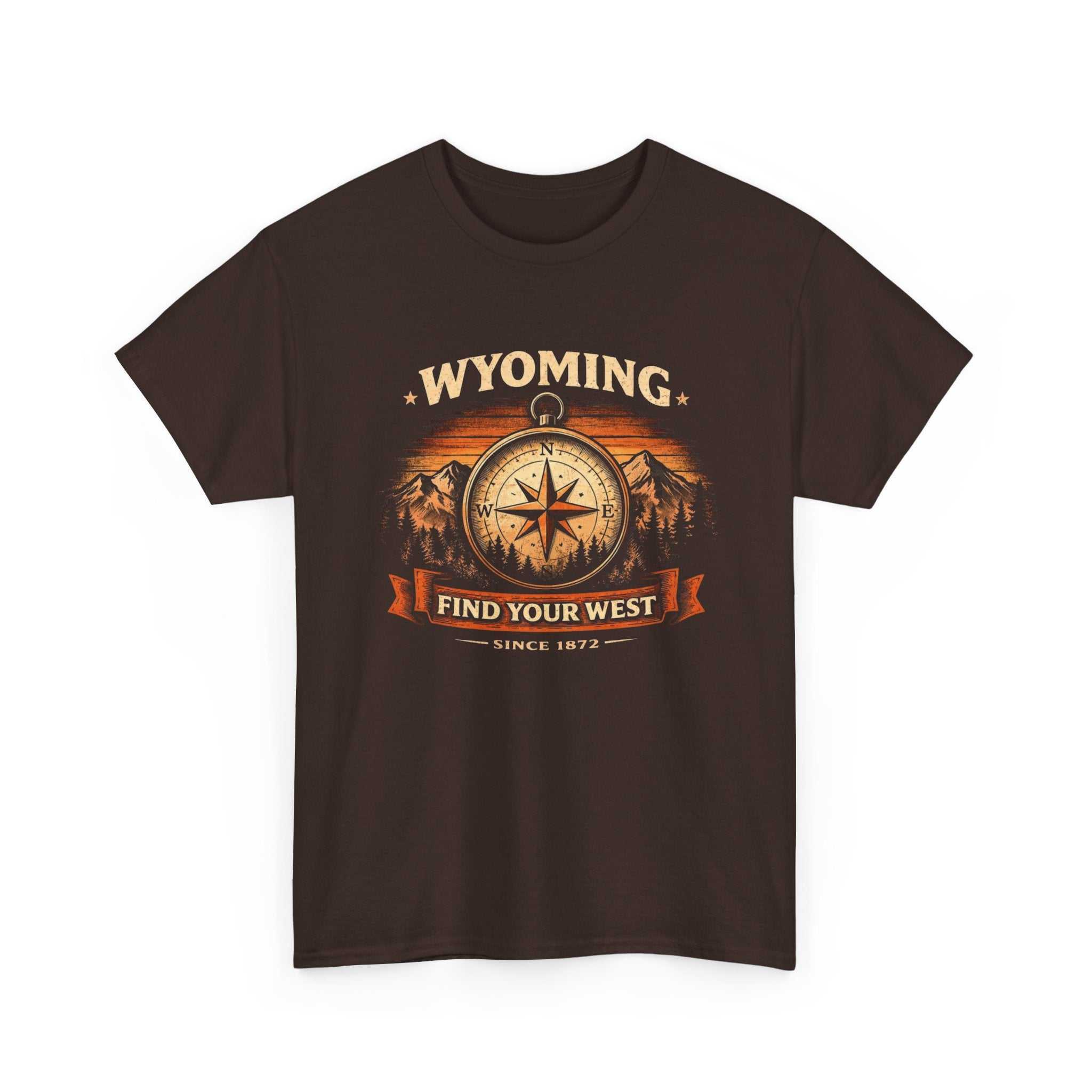 Big Sky Ranch Co. Wyoming Compass T-Shirt featuring a vintage adventure design with a compass and "Find Your West" text.