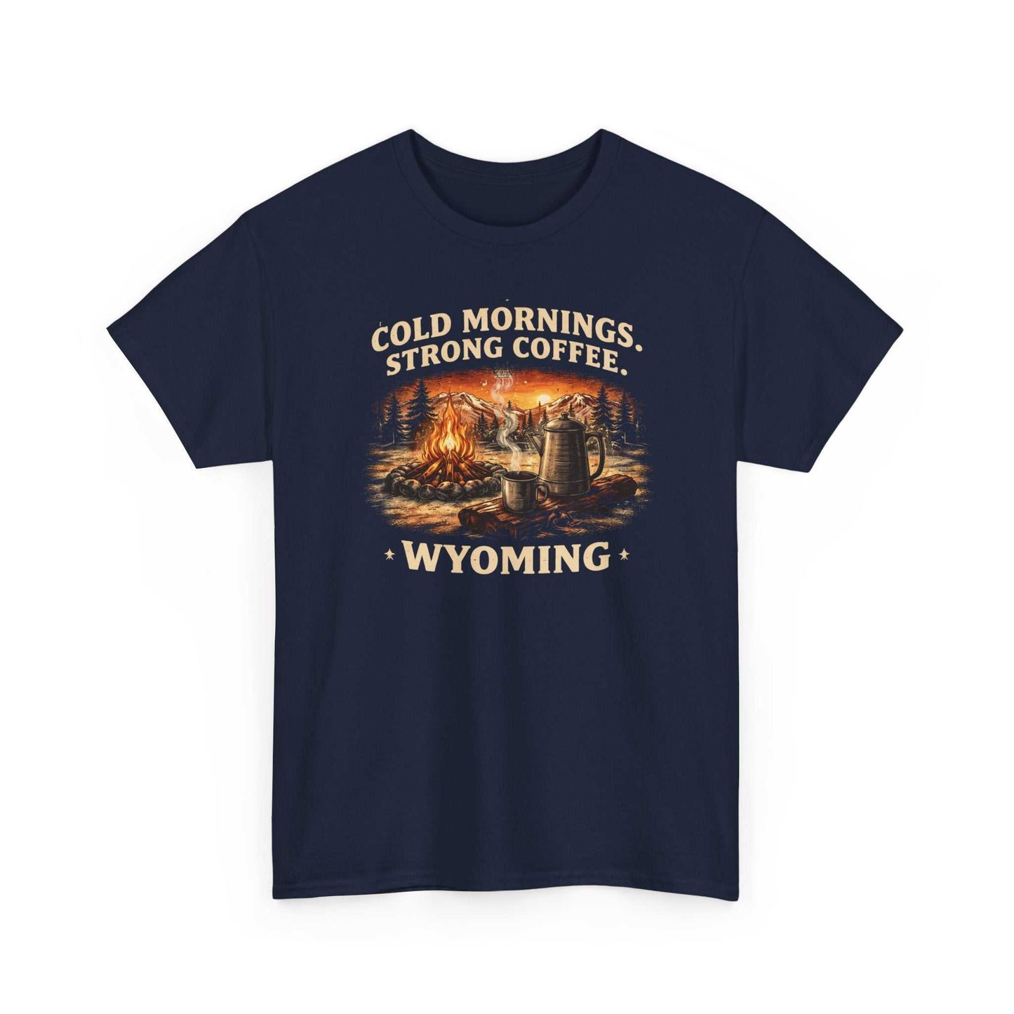 Big Sky Ranch Co. Wyoming Campfire T-Shirt with outdoor graphic and "Cold Mornings, Strong Coffee" design on soft cotton tee