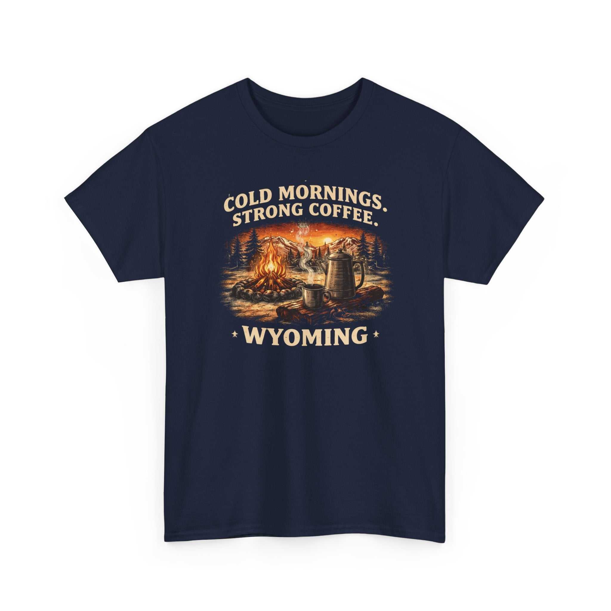 Big Sky Ranch Co. Wyoming Campfire T-Shirt with outdoor graphic and "Cold Mornings, Strong Coffee" design on soft cotton tee