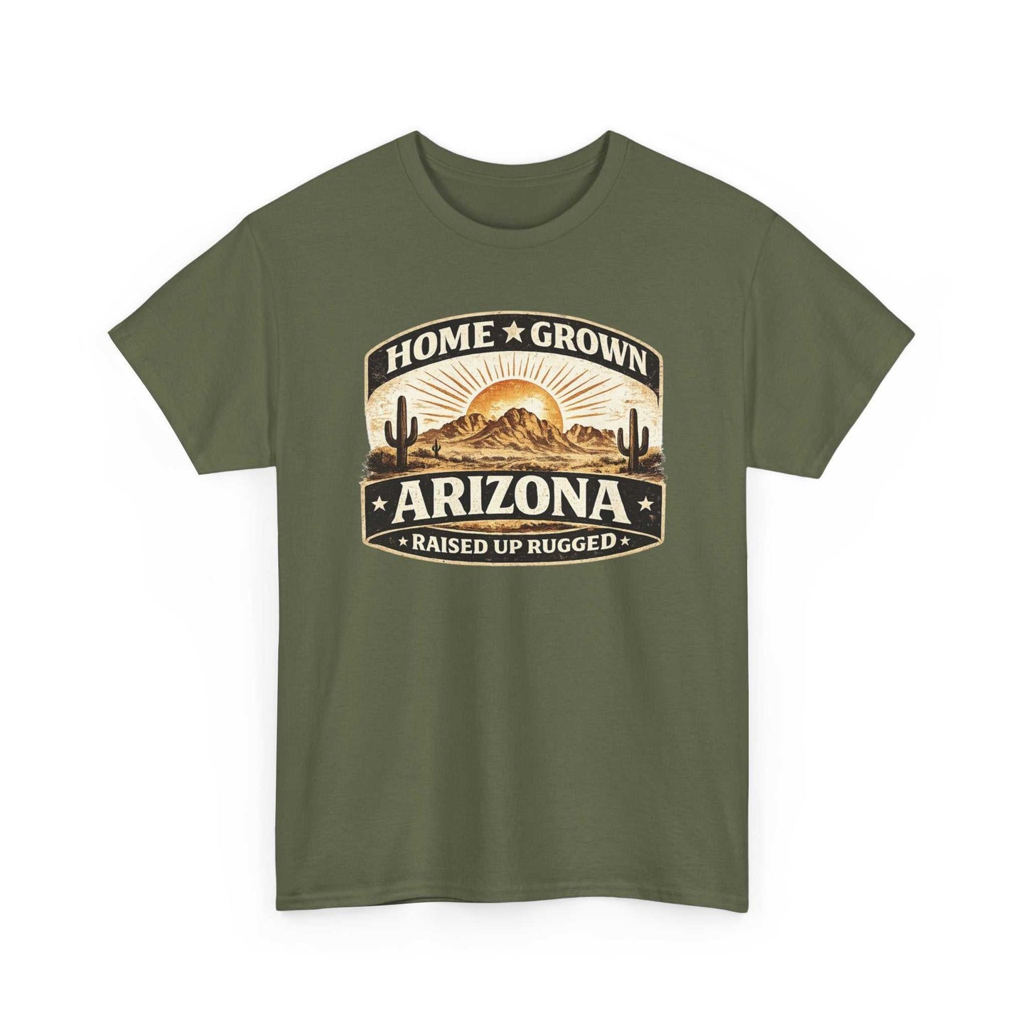 Arizona Home Grown T-Shirt by Big Sky Ranch Co. featuring a desert sunset design with "Home Grown Arizona" text.