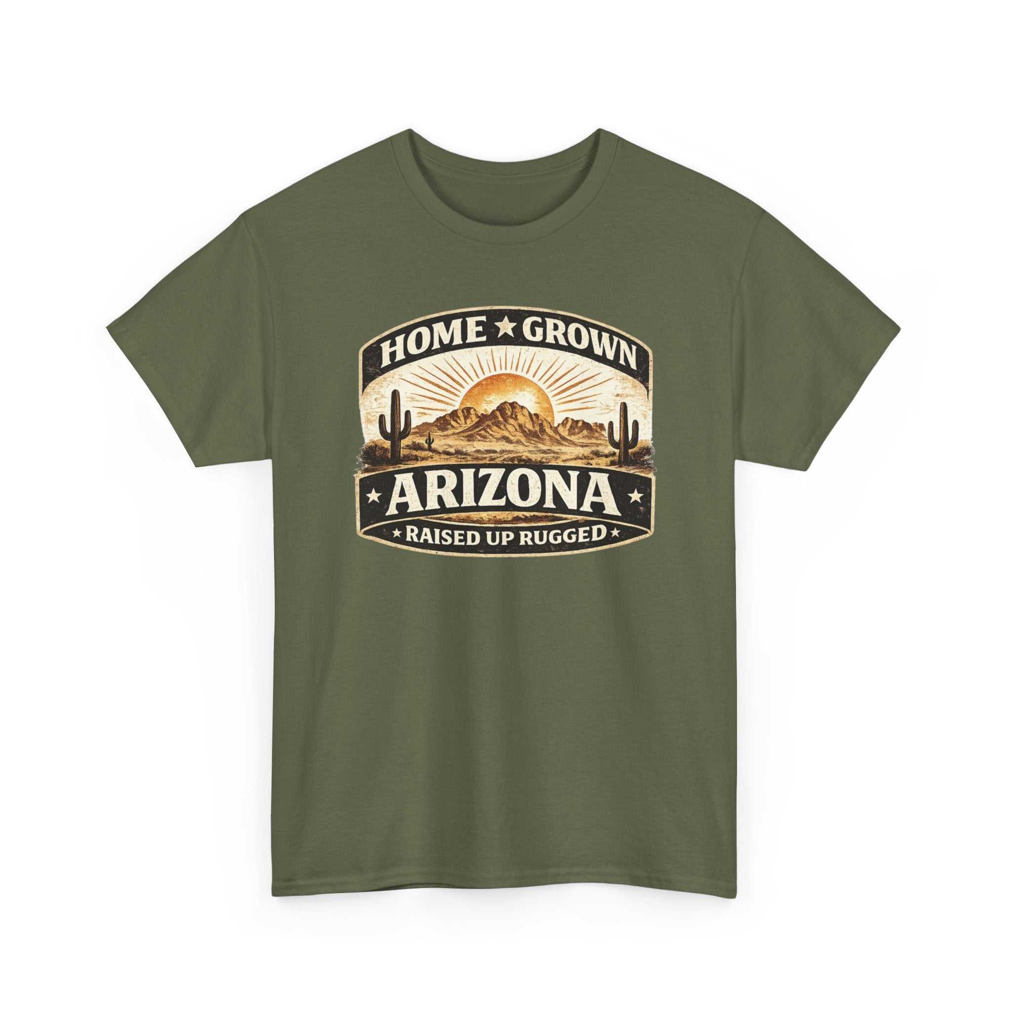 Arizona Home Grown T-Shirt by Big Sky Ranch Co. featuring a desert sunset design with "Home Grown Arizona" text.