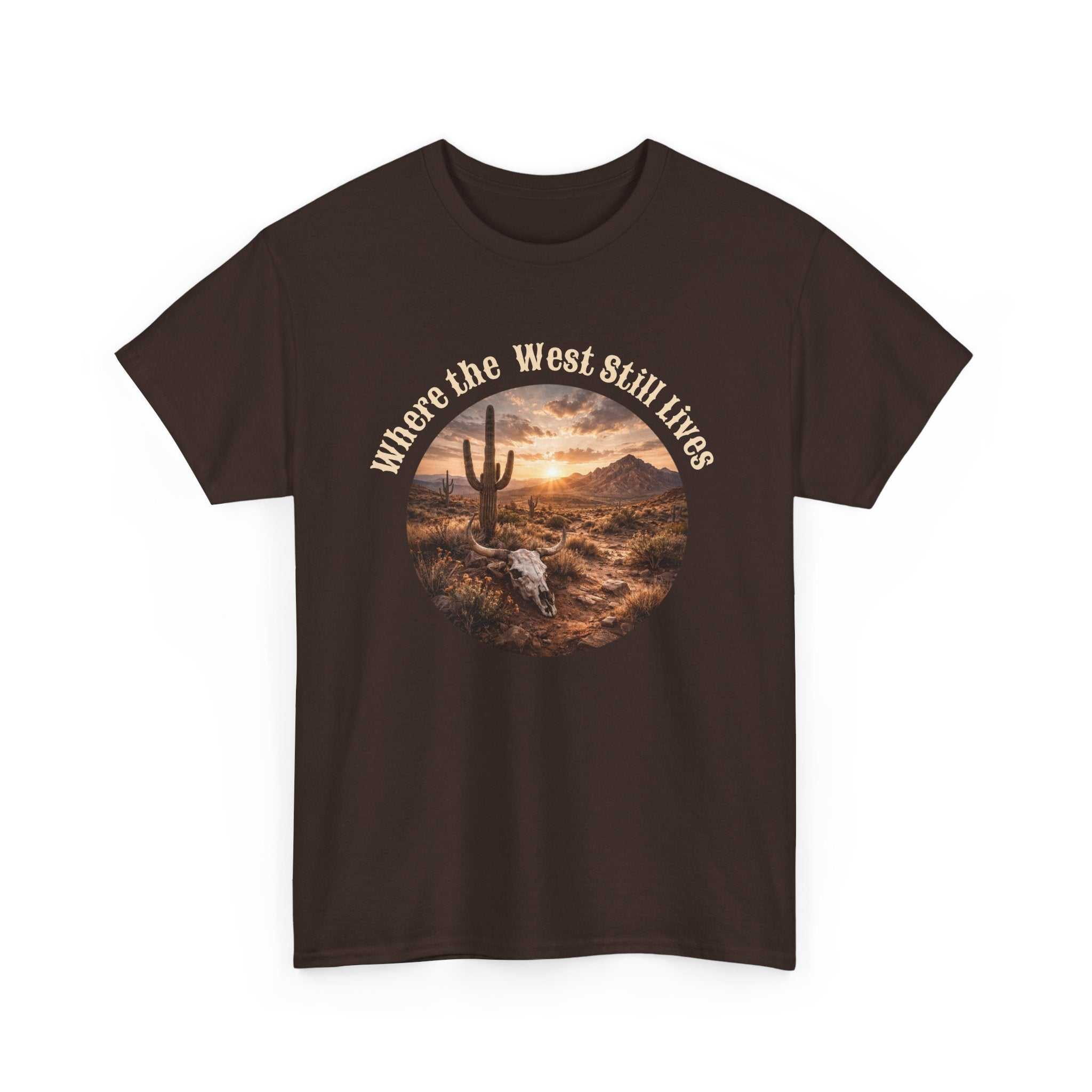 Western Sunset Tee by Big Sky Ranch Co. featuring a desert scene with "Where the West Still Lives" text on a casual T-shirt.