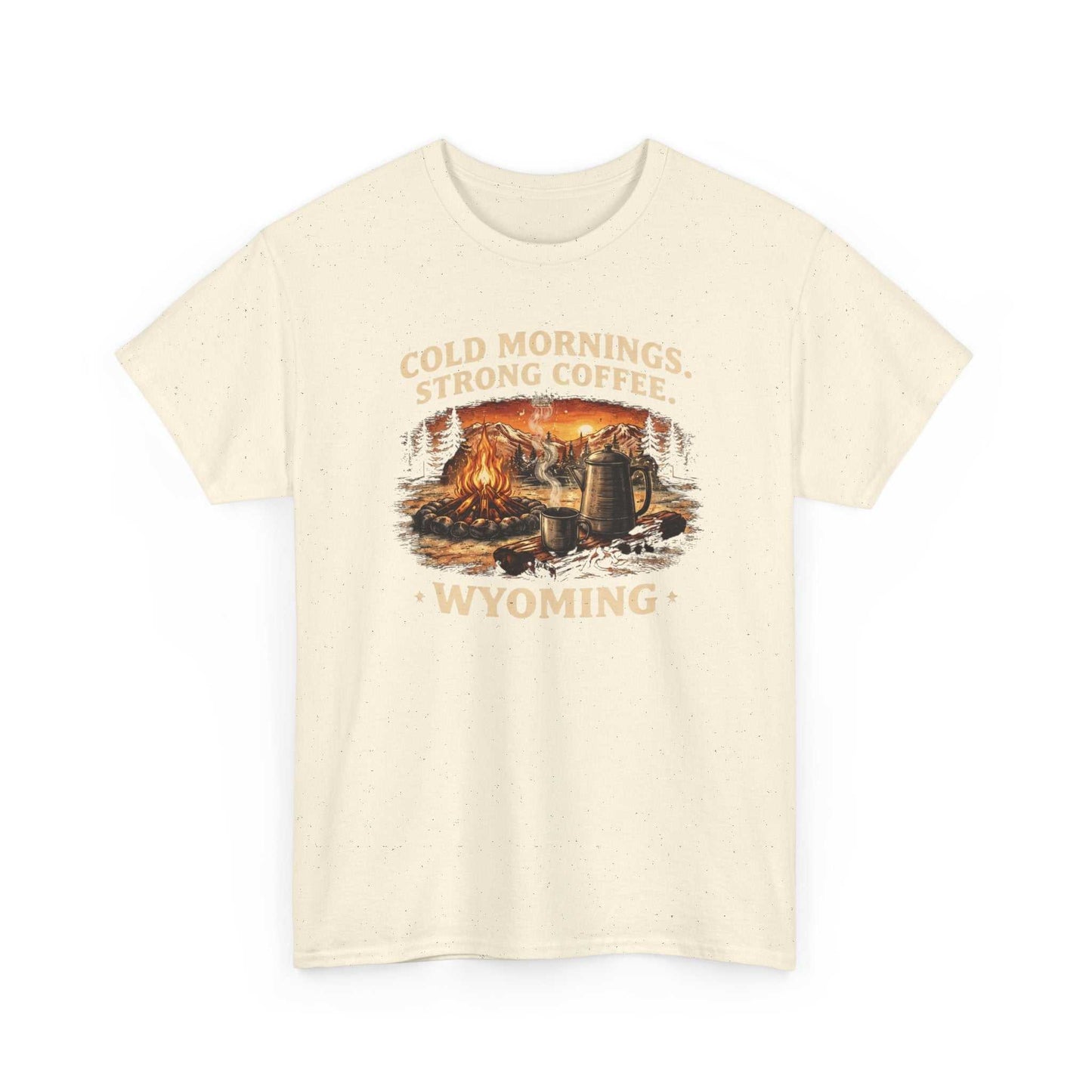 Big Sky Ranch Co. Wyoming Campfire T-Shirt with outdoor graphic and "Cold Mornings, Strong Coffee" slogan, casual men's tee.