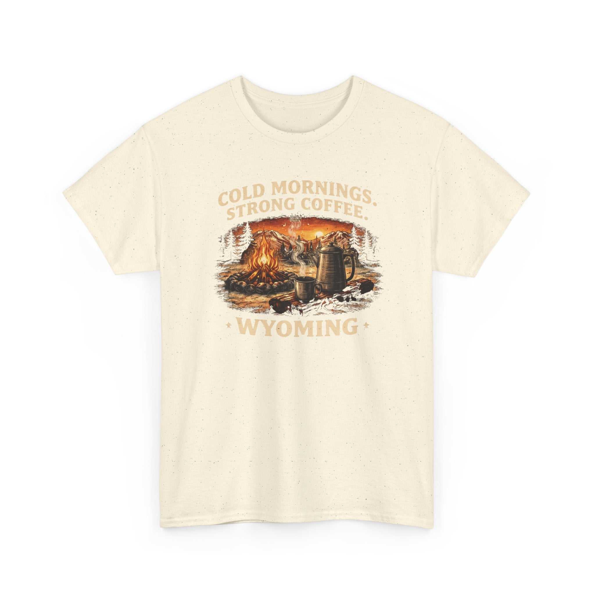 Big Sky Ranch Co. Wyoming Campfire T-Shirt with outdoor graphic and "Cold Mornings, Strong Coffee" slogan, casual men's tee.