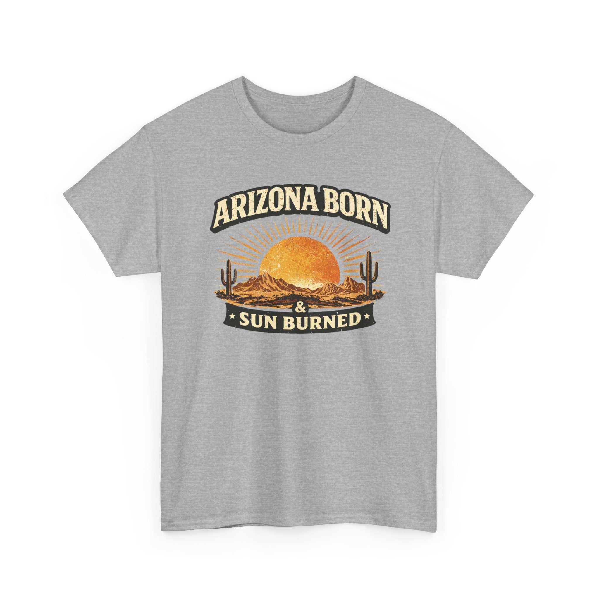 Arizona Born & Sun Burned T-Shirt by Big Sky Ranch Co. featuring a desert sunset graphic on a casual cotton tee.