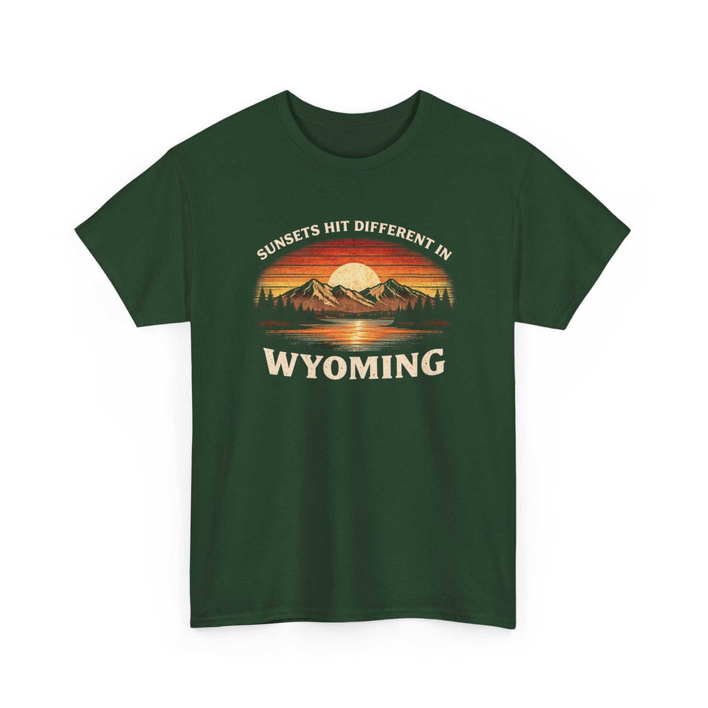 Big Sky Ranch Co. Wyoming Sunset graphic T-shirt featuring mountain scene and the phrase "Sunsets Hit Different in Wyoming."