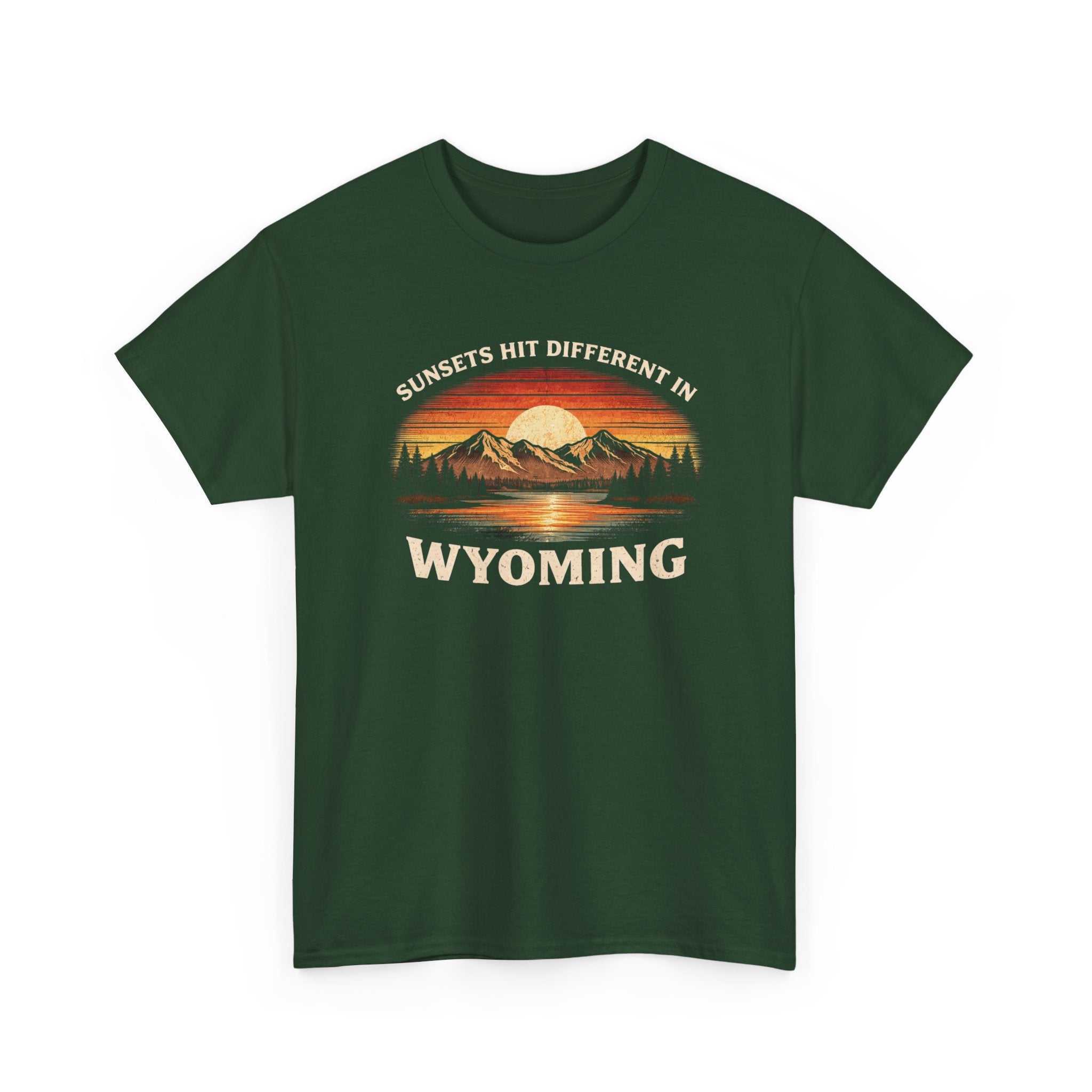 Big Sky Ranch Co. Wyoming Sunset graphic T-shirt featuring mountain scene and the phrase "Sunsets Hit Different in Wyoming."