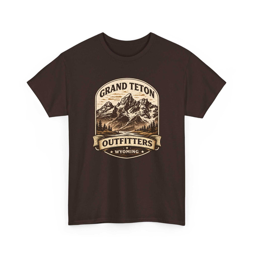 Big Sky Ranch Co. Grand Teton Outfitters Wyoming mountain adventure T-shirt featuring mountain and outdoor landscape design.