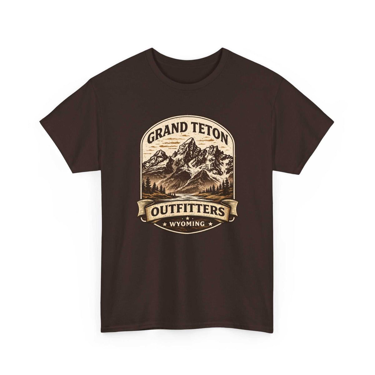 Big Sky Ranch Co. Grand Teton Outfitters Wyoming mountain adventure T-shirt featuring mountain and outdoor landscape design.