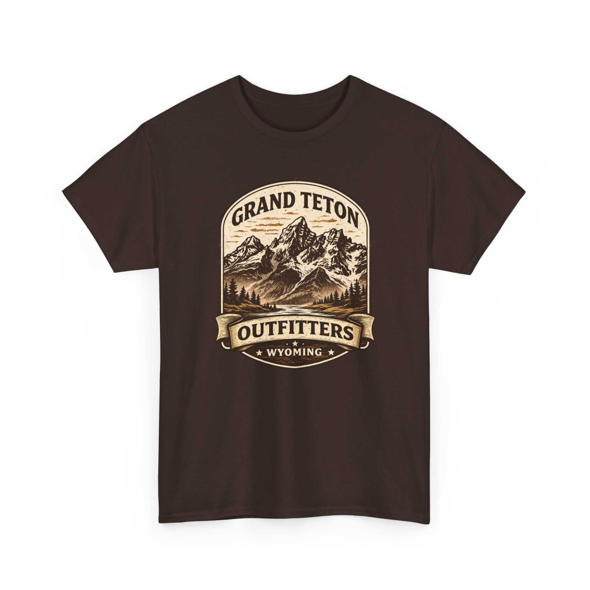 Big Sky Ranch Co. Grand Teton Outfitters Wyoming mountain adventure T-shirt featuring mountain and outdoor landscape design.