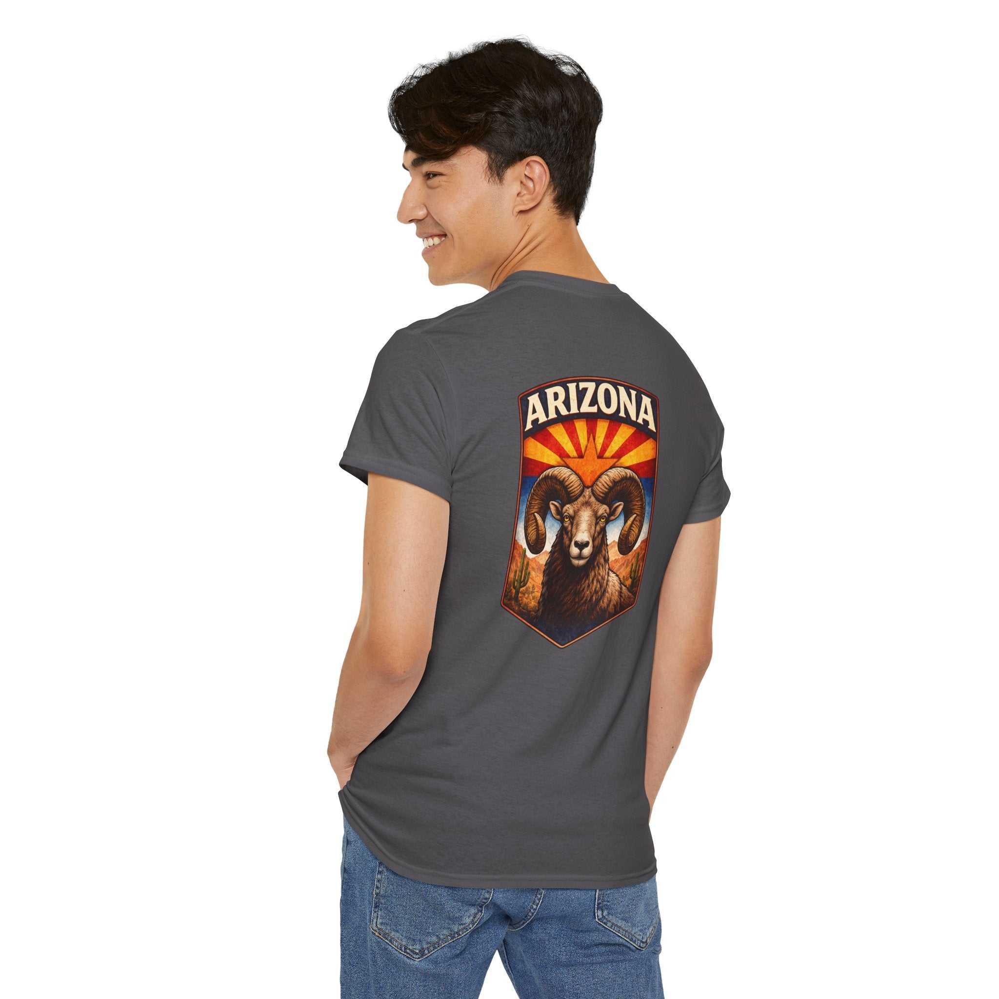 Arizona Desert Bighorn Ram T-Shirt by Big Sky Ranch Co., featuring a retro state badge design with a bighorn ram graphic.