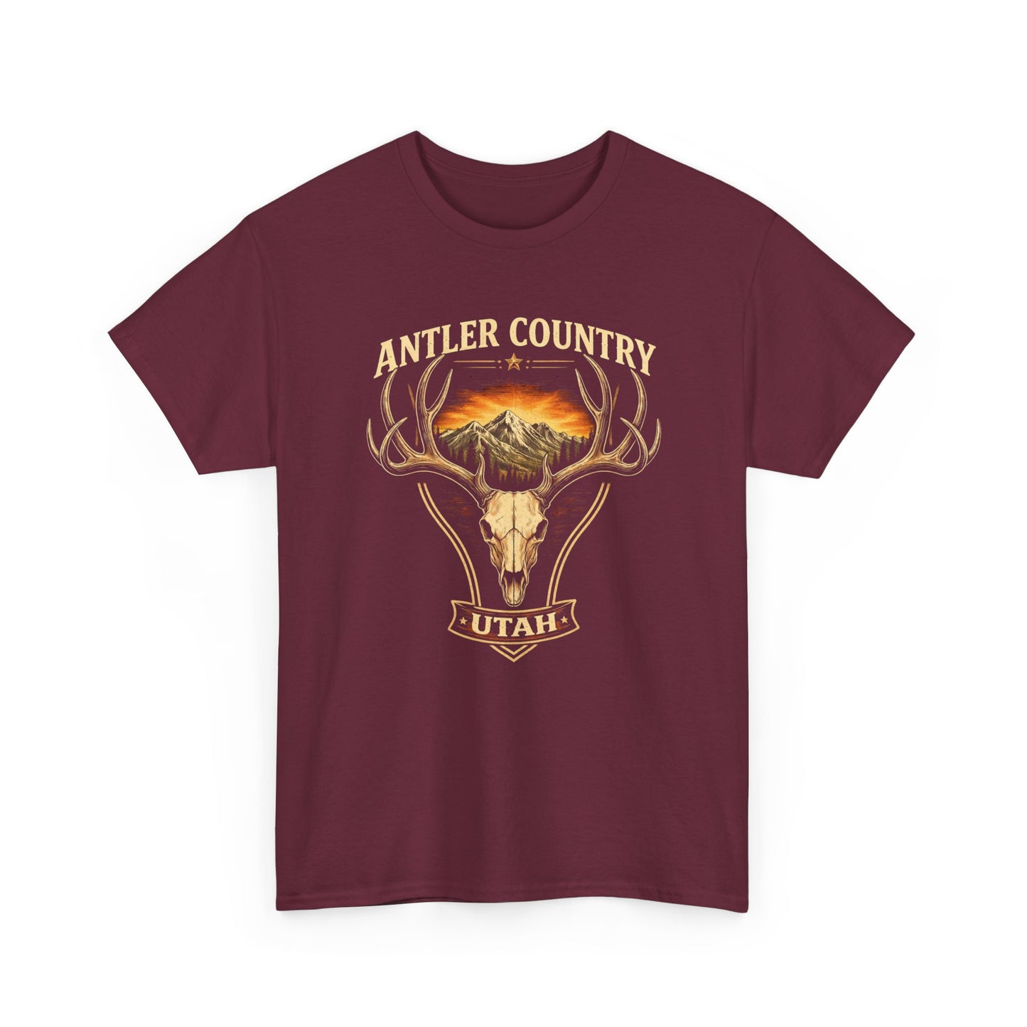 Vintage Deer Skull Mountain graphic T-shirt by Big Sky Ranch Co., featuring Antler Country Utah design and mountain scenery.