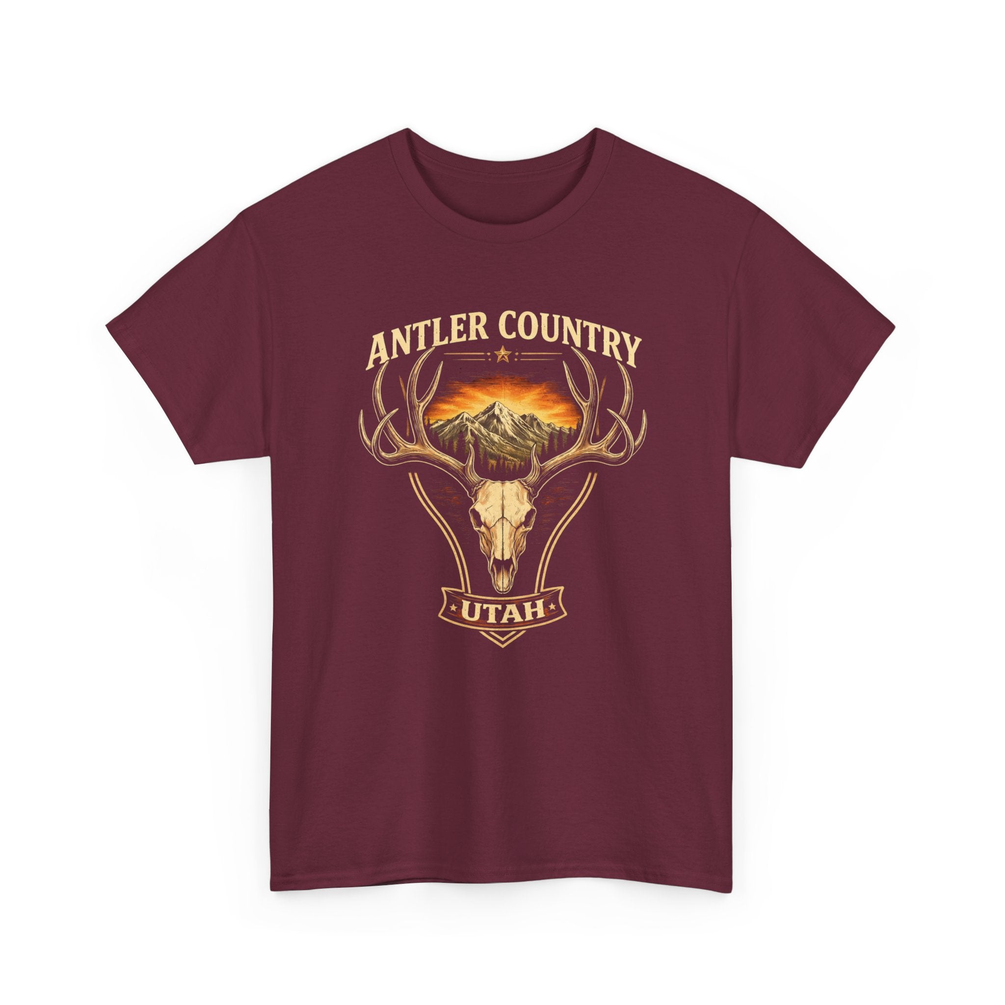 Vintage Deer Skull Mountain graphic T-shirt by Big Sky Ranch Co., featuring Antler Country Utah design and mountain scenery.