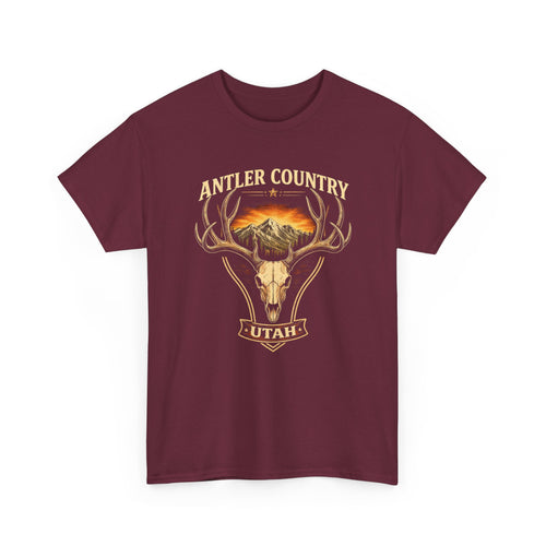 Vintage Deer Skull Mountain graphic T-shirt by Big Sky Ranch Co., featuring Antler Country Utah design and mountain scenery.