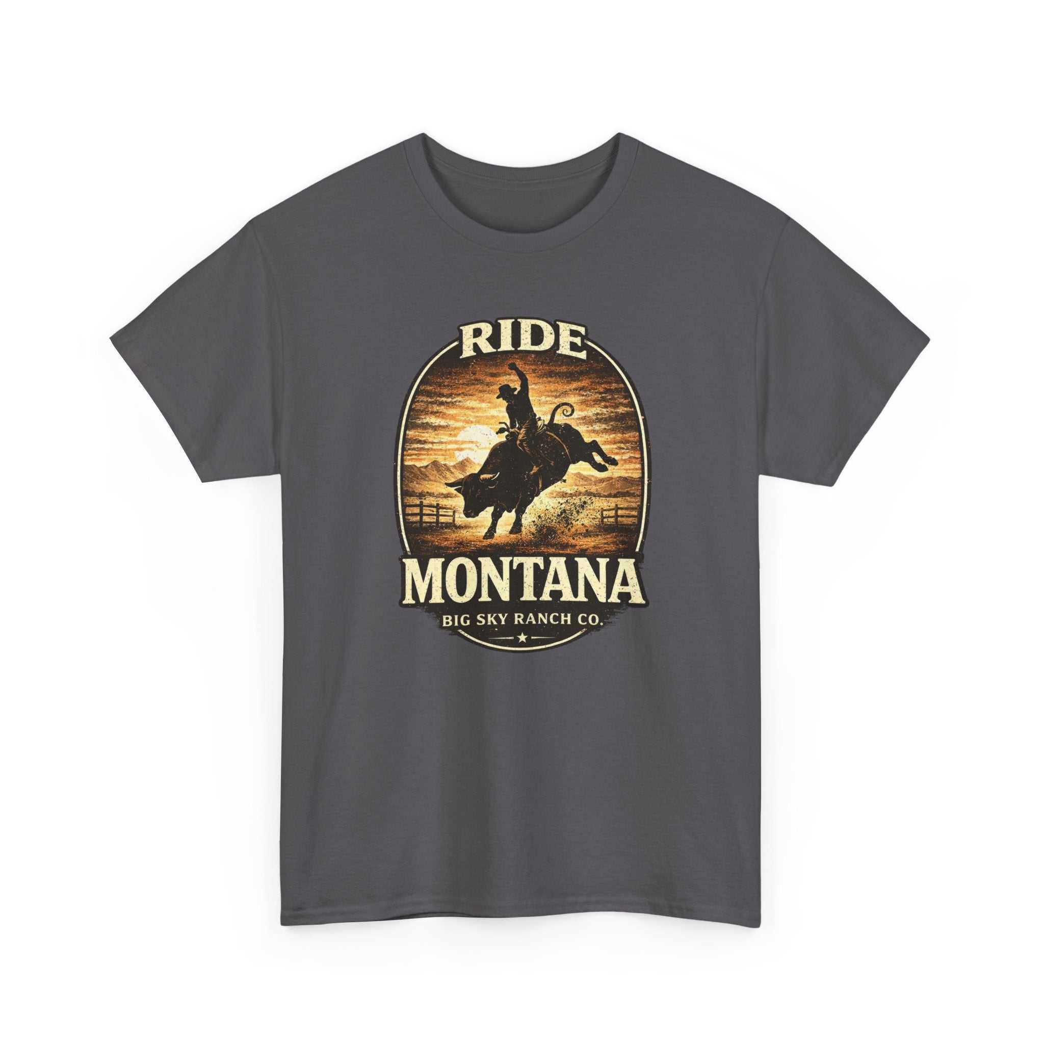 Vintage Ride Montana T-Shirt by Big Sky Ranch Co., featuring cowboy rodeo design and rugged Western style.