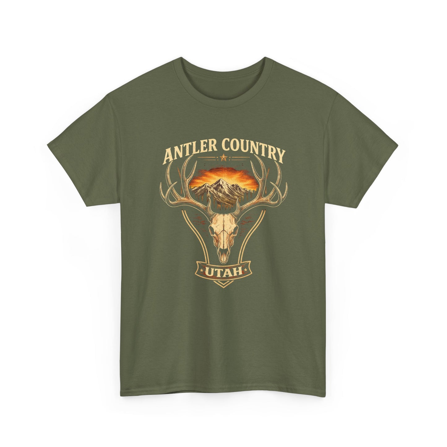 Vintage Deer Skull Mountain graphic T-shirt by Big Sky Ranch Co., featuring antler and mountain design on a casual shirt.