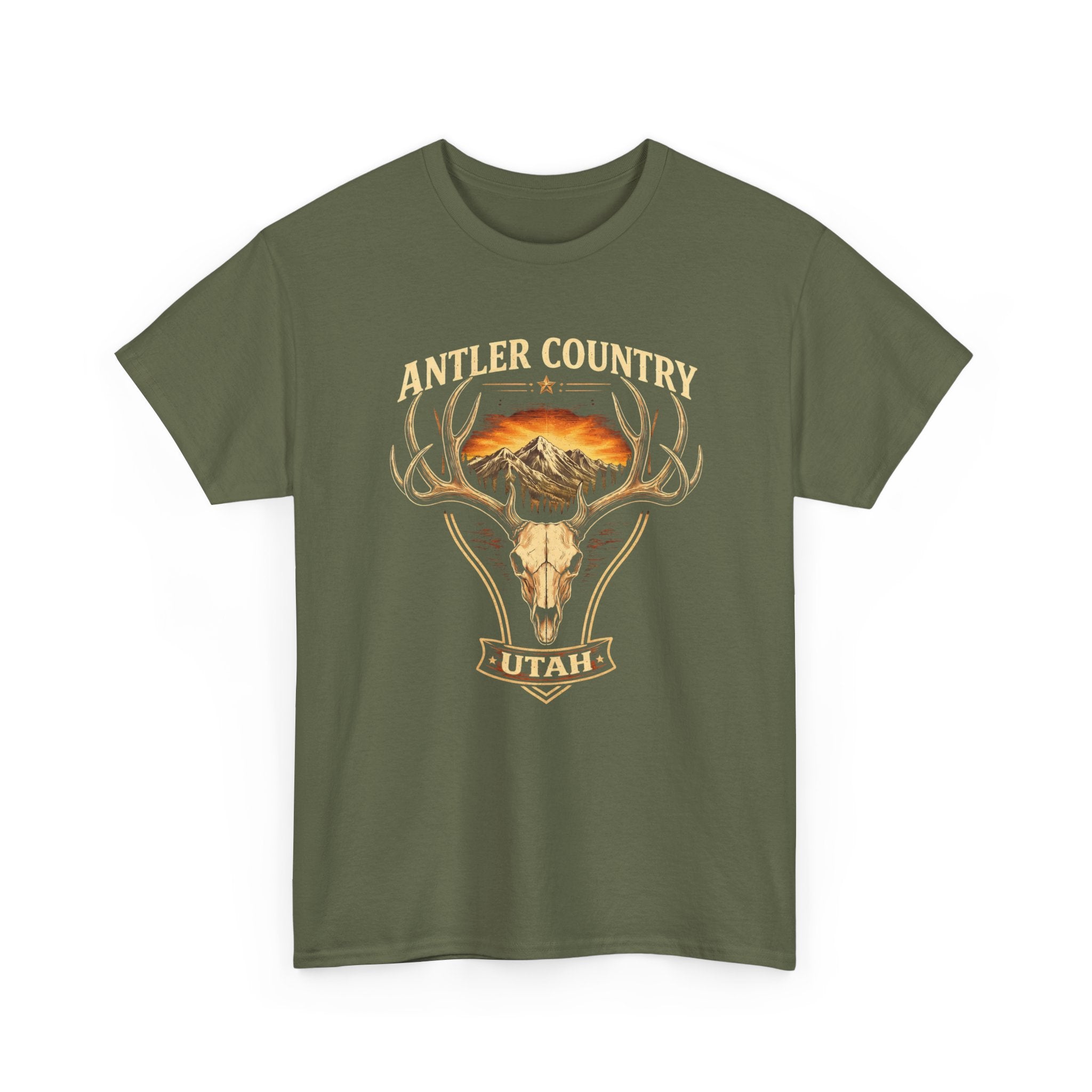 Vintage Deer Skull Mountain graphic T-shirt by Big Sky Ranch Co., featuring antler and mountain design on a casual shirt.