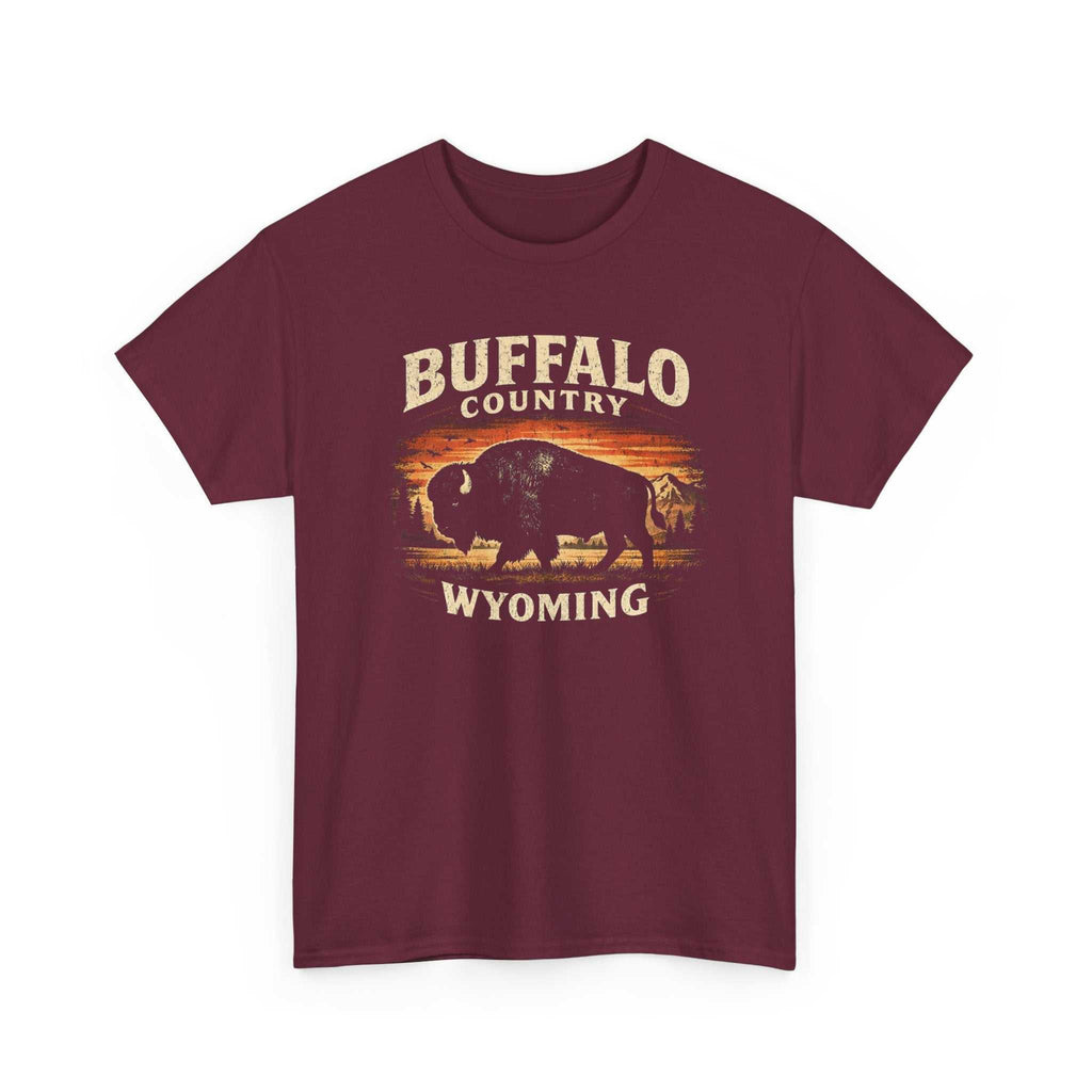 Buffalo Country Wyoming T-Shirt by Big Sky Ranch Co. featuring a scenic western landscape illustration on comfortable cotton fabric.