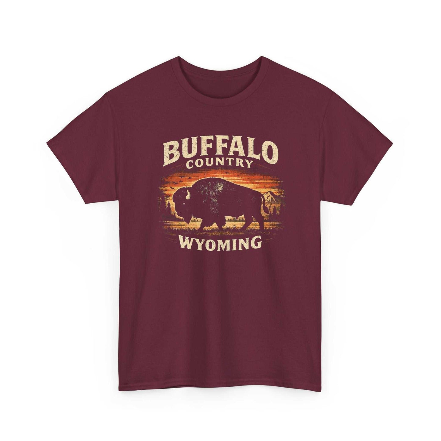 Buffalo Country Wyoming T-Shirt by Big Sky Ranch Co. featuring a scenic western landscape illustration on comfortable cotton fabric.