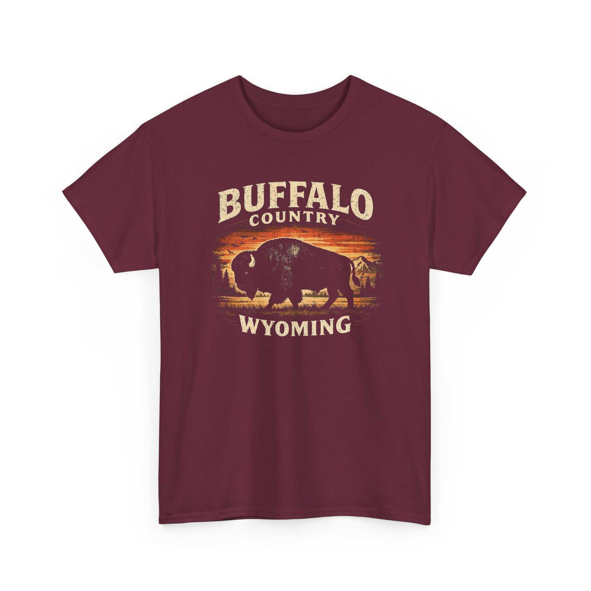 Buffalo Country Wyoming T-Shirt by Big Sky Ranch Co. featuring a scenic western landscape illustration on comfortable cotton fabric.