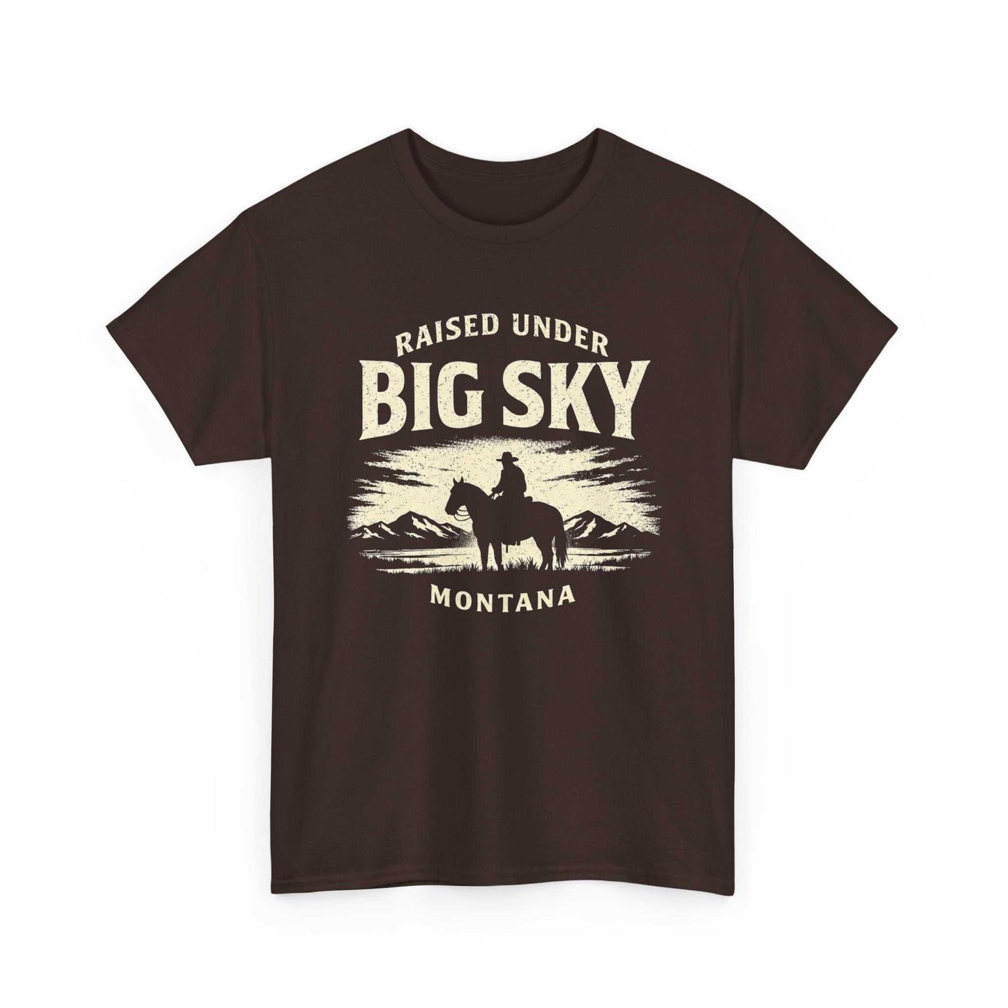 Big Sky Ranch Co. Western cowboy scenic graphic T-shirt featuring a raised design and Big Sky Montana landscape.