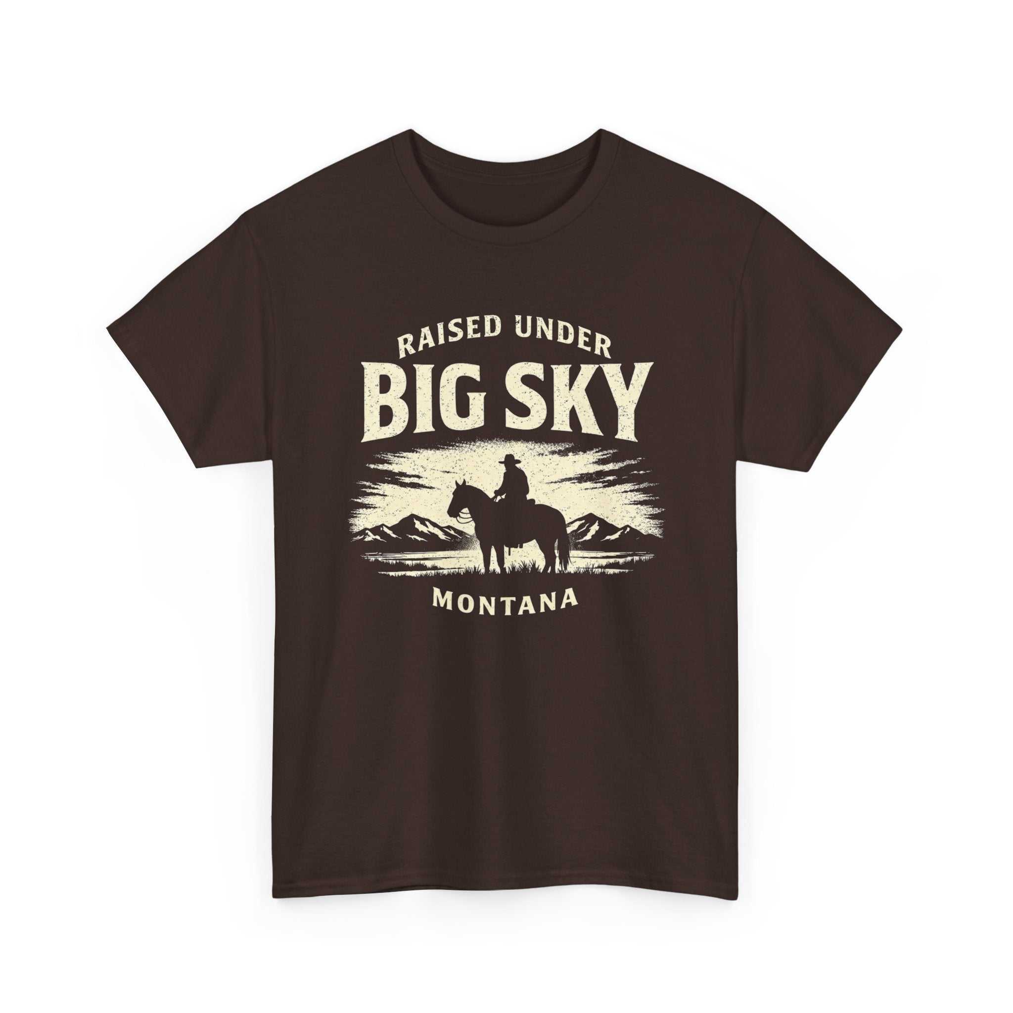 Big Sky Ranch Co. Western cowboy scenic graphic T-shirt featuring a raised design and Big Sky Montana landscape.