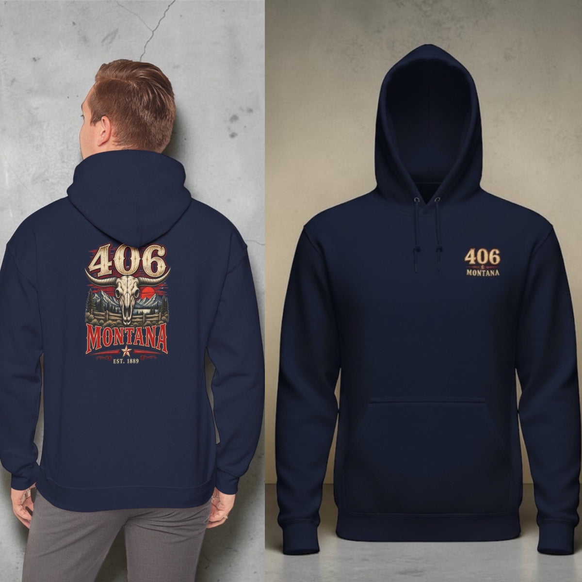 Montana 406 Hoodie – Rustic Skull & Mountain Graphic Hooded Sweatshirt