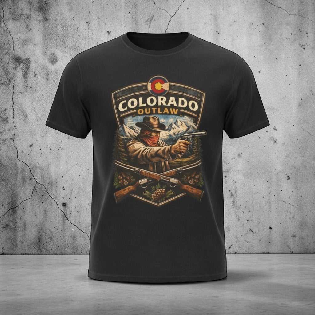 Vintage Western Gunslinger graphic T-shirt by Big Sky Ranch Co. featuring Colorado Outlaw design, casual western-inspired apparel.
