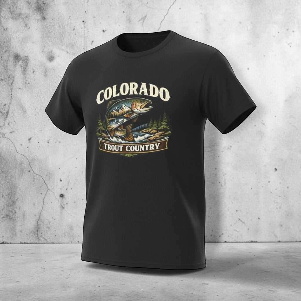 Vintage Colorado Trout Country T-Shirt by Big Sky Ranch Co. featuring a fishing-themed design with a trout image.
