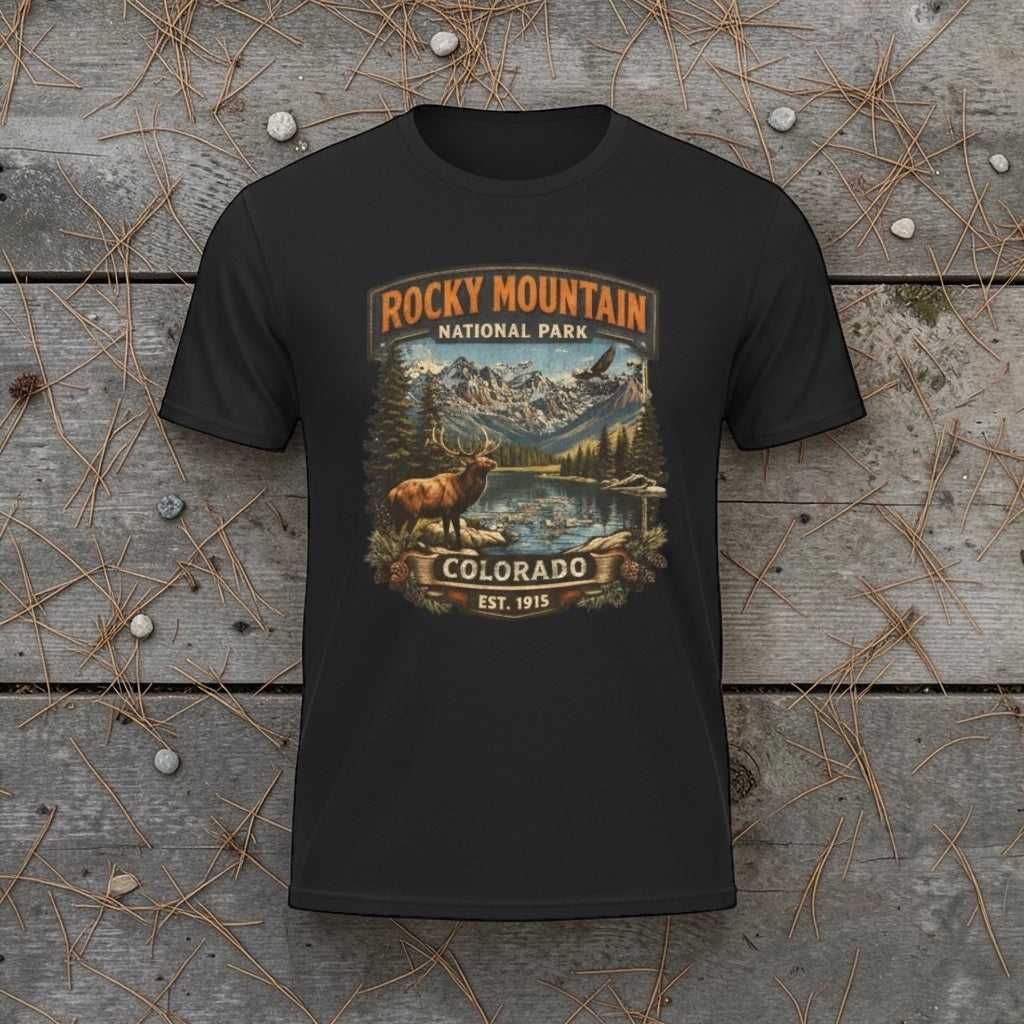 Vintage Rocky Mountain National Park Colorado graphic T-shirt by Big Sky Ranch Co. featuring an outdoors elk design.